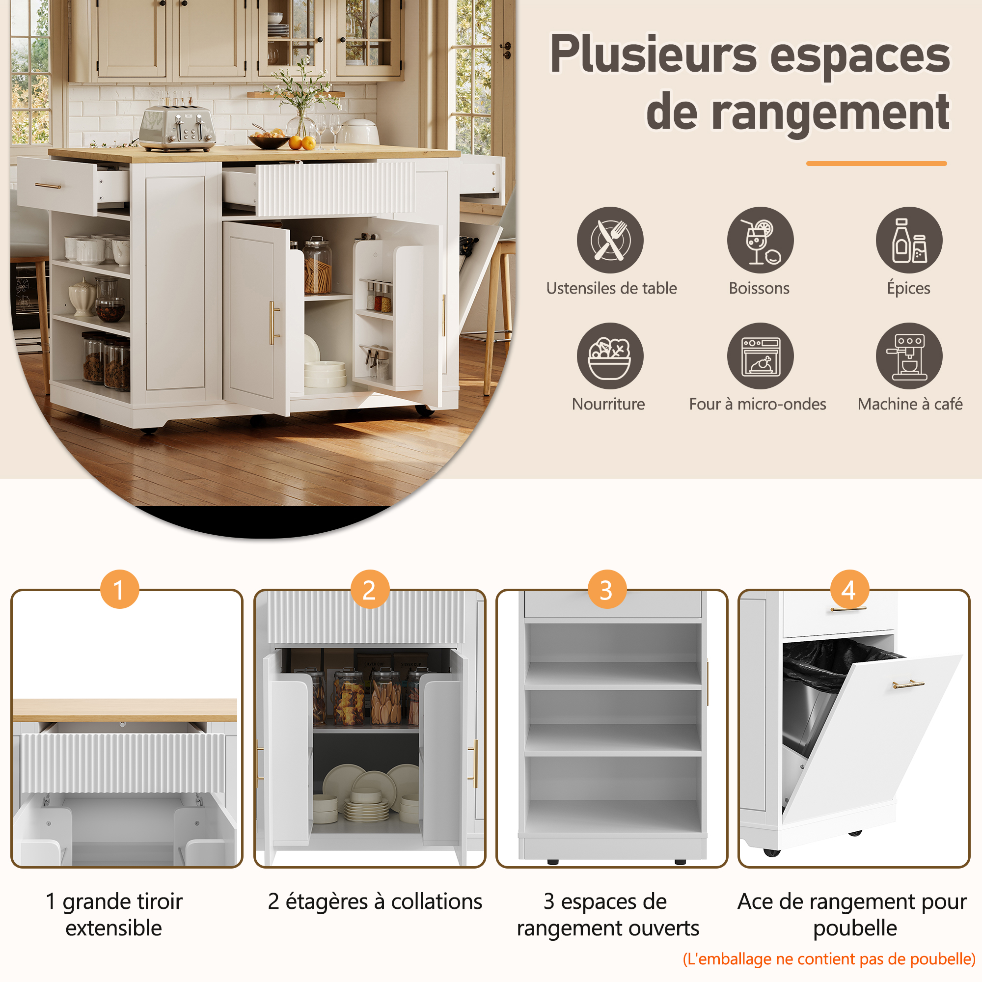 Meuble cuisine blanc 2 portes 3 tiroirs