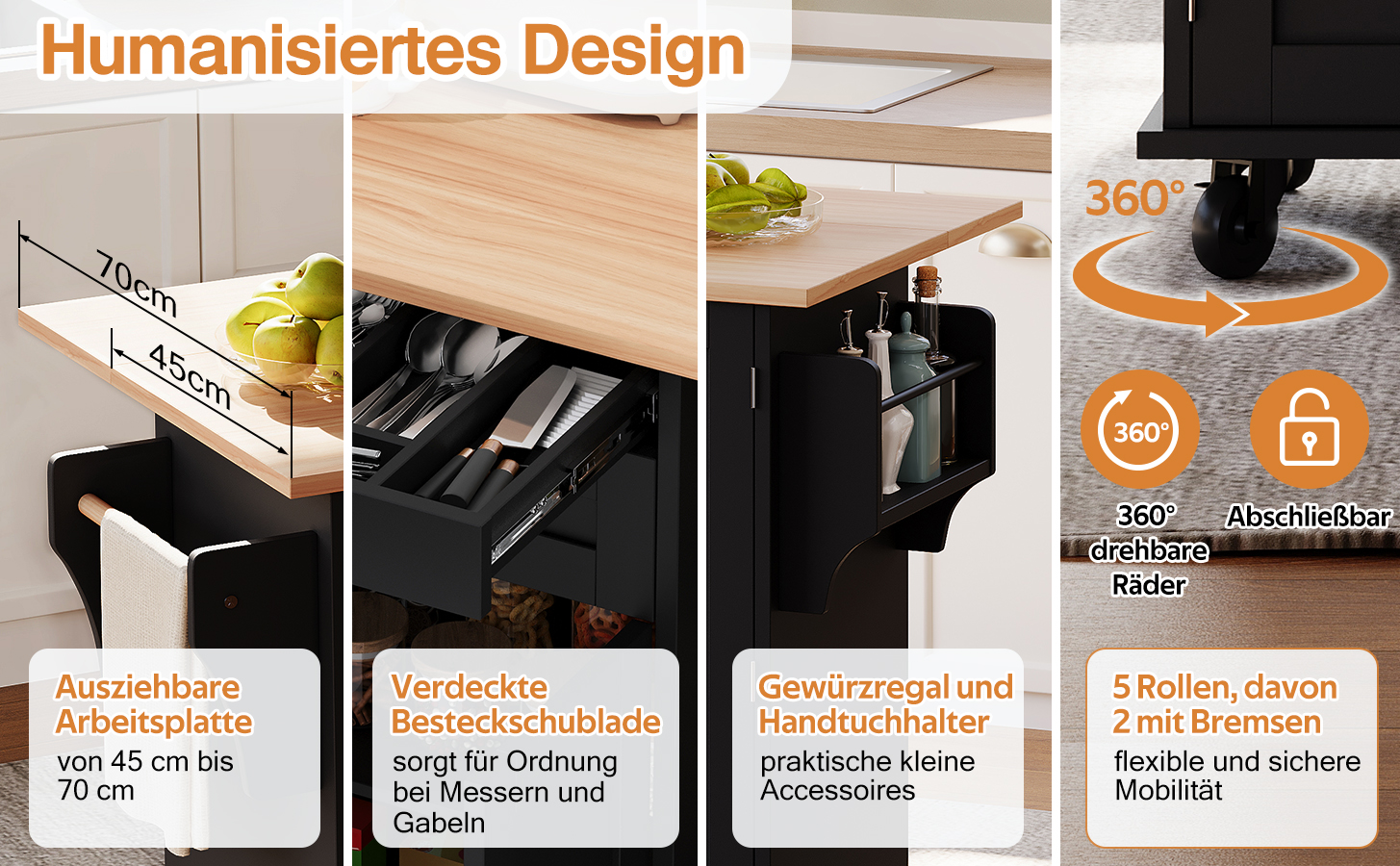 Mobile Kücheninsel mit ausklappbarer Arbeitsplatte