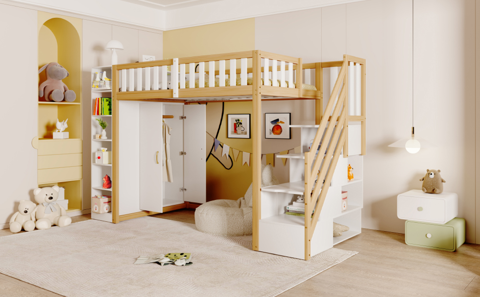 Lit surélevé pour enfants avec rangement intégrée et armoire spacieuse