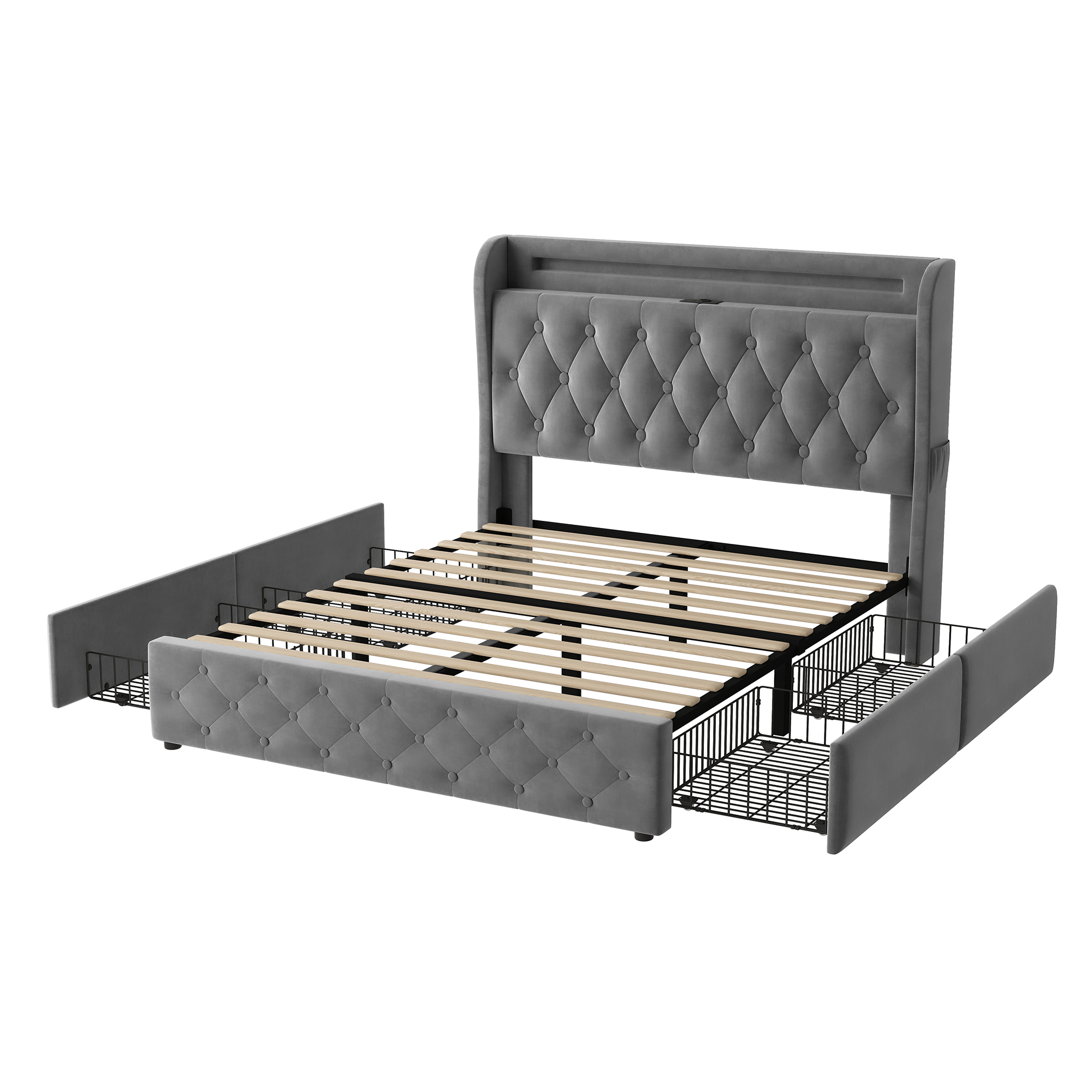 Détail du lit avec tiroirs de rangement et structure métallique stable