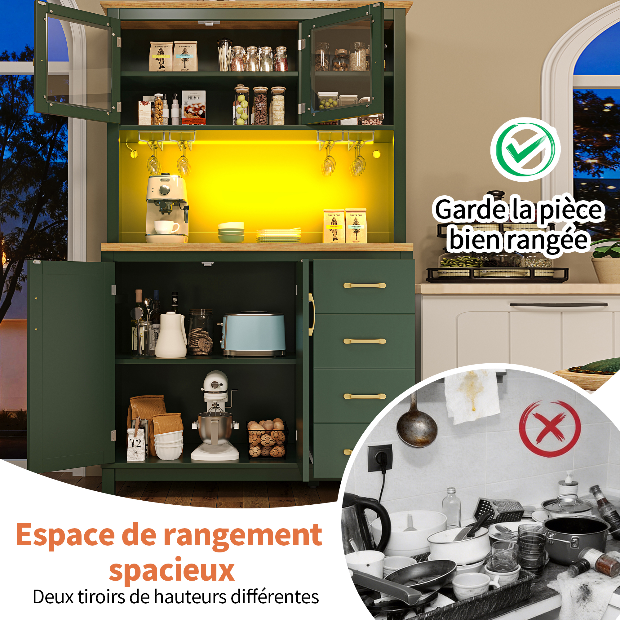 Buffet cuisine vert avec rangement spacieux