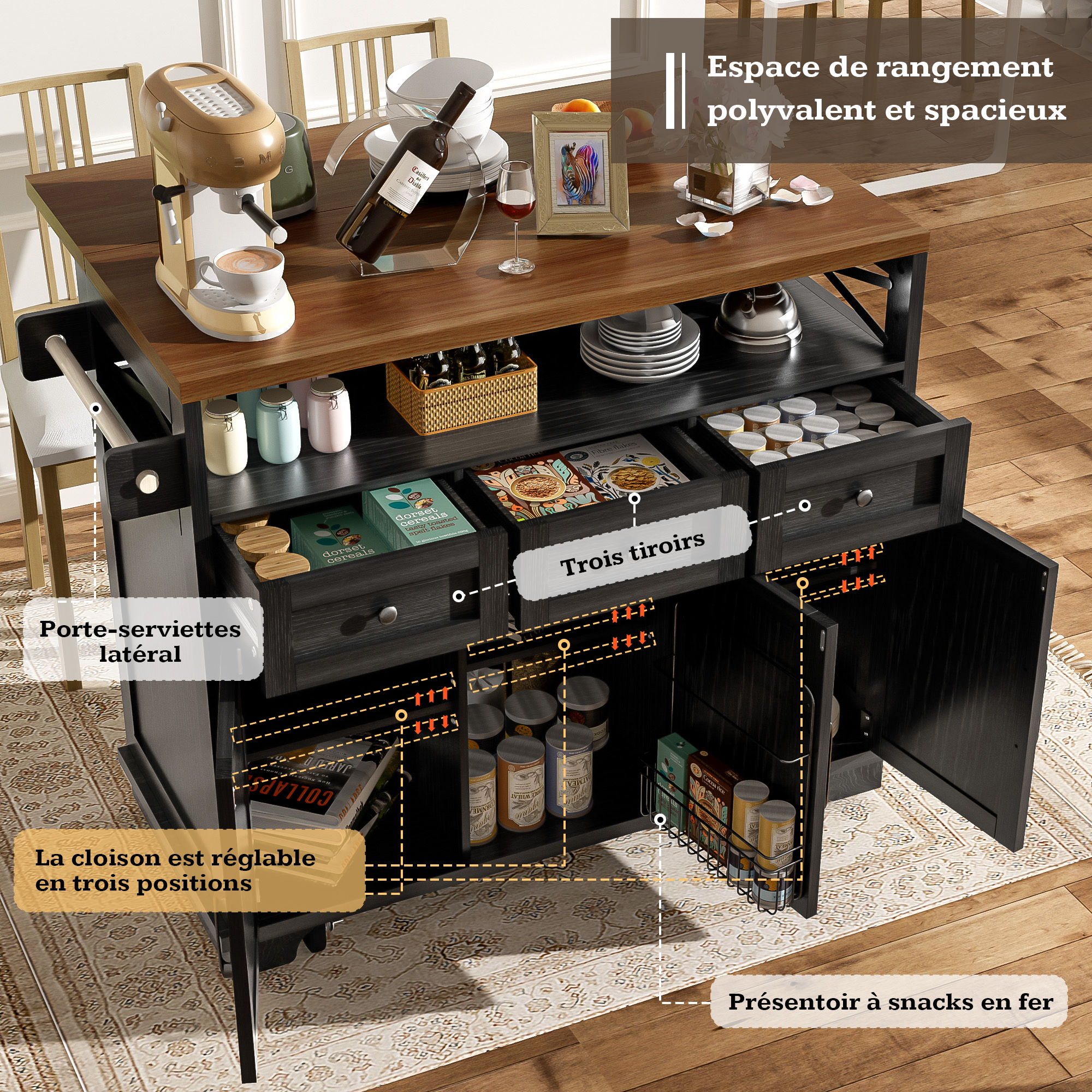 Chariot de cuisine avec plateau extensible