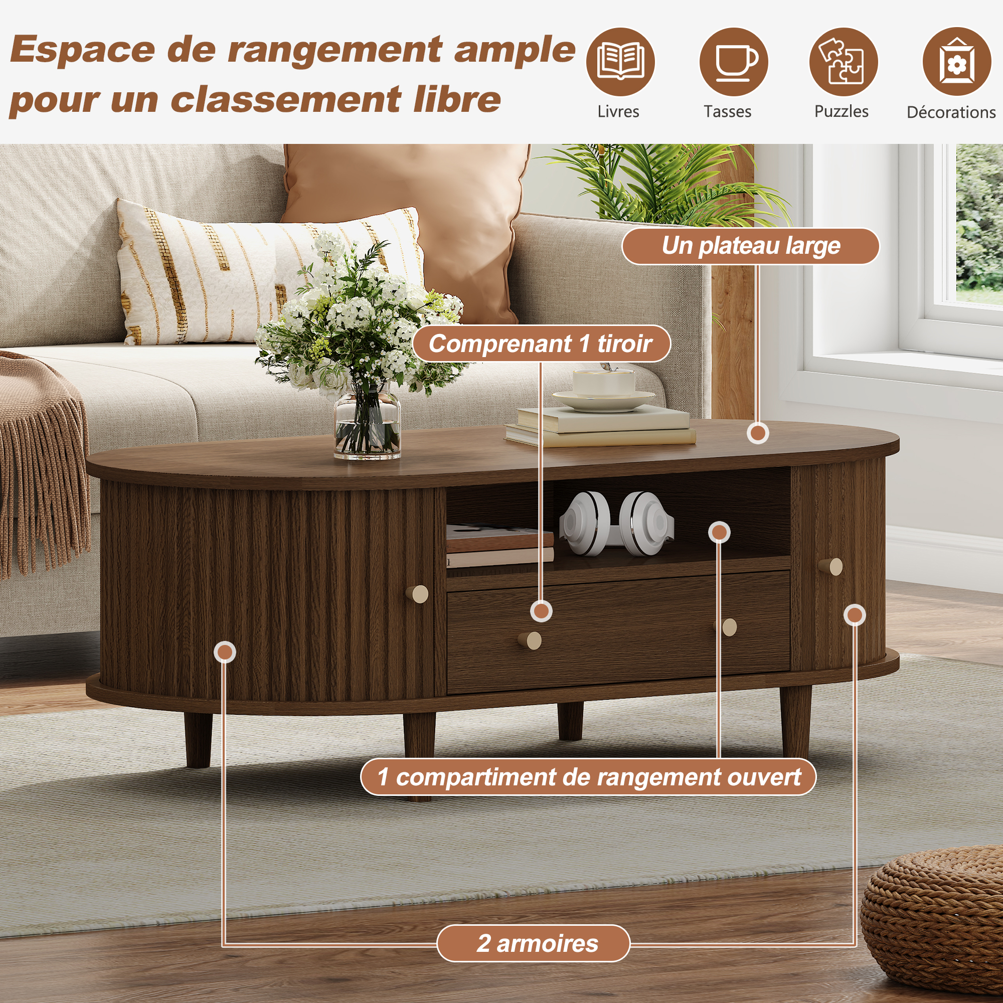 Table basse ovale en noyer rangement intelligent