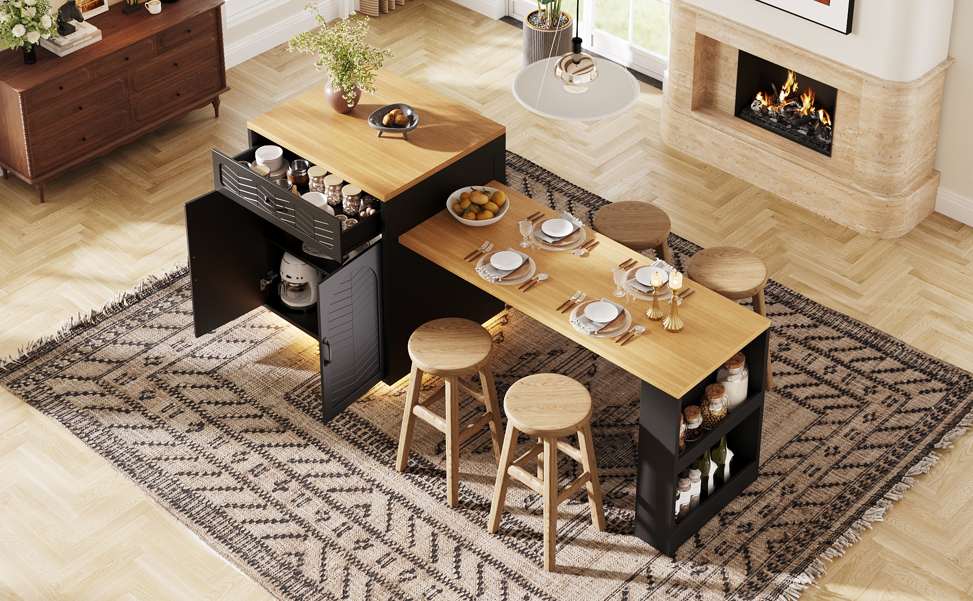 Îlot de cuisine dimensions 80x70x95,5cm plateau extensible