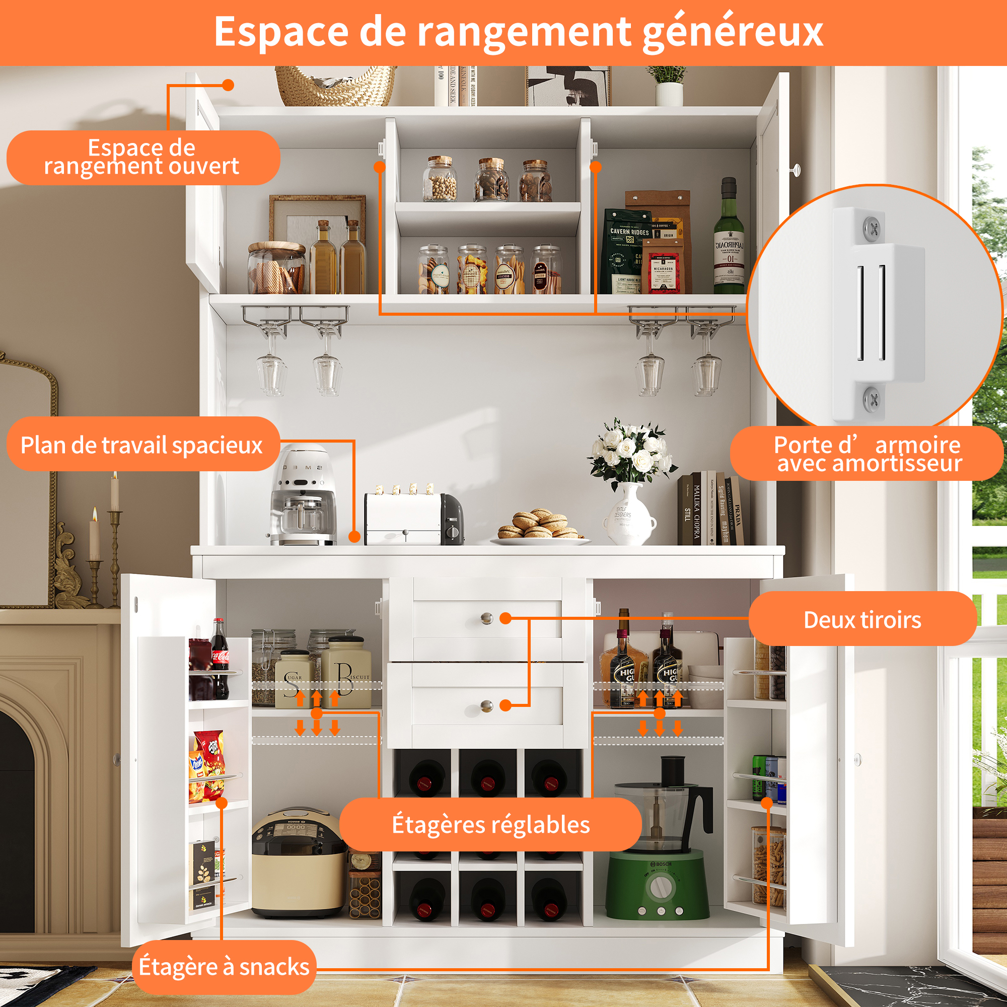 Armoire blanche 4 portes 2 tiroirs