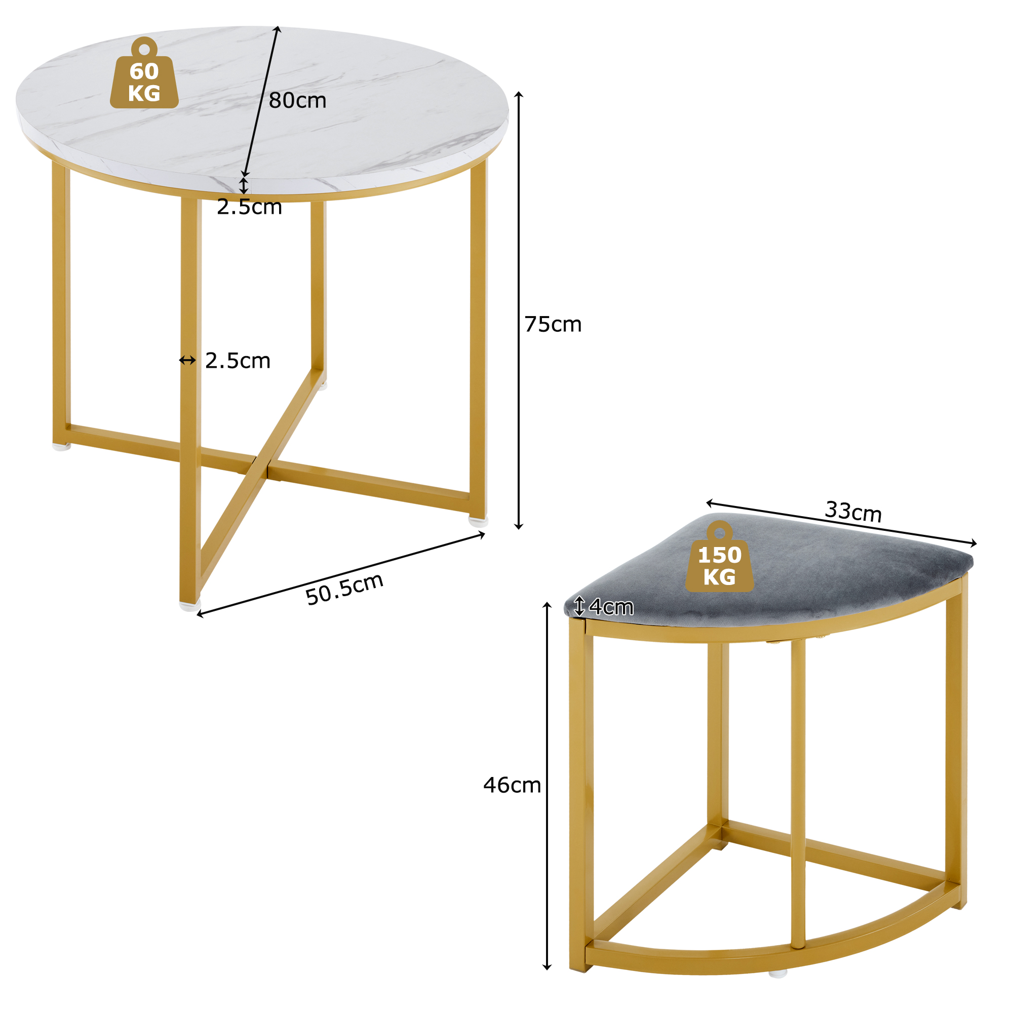 Set de Table à Manger Blanc - 4 Chaises Velours, Cadre Fer Doré, Vue d'ensemble