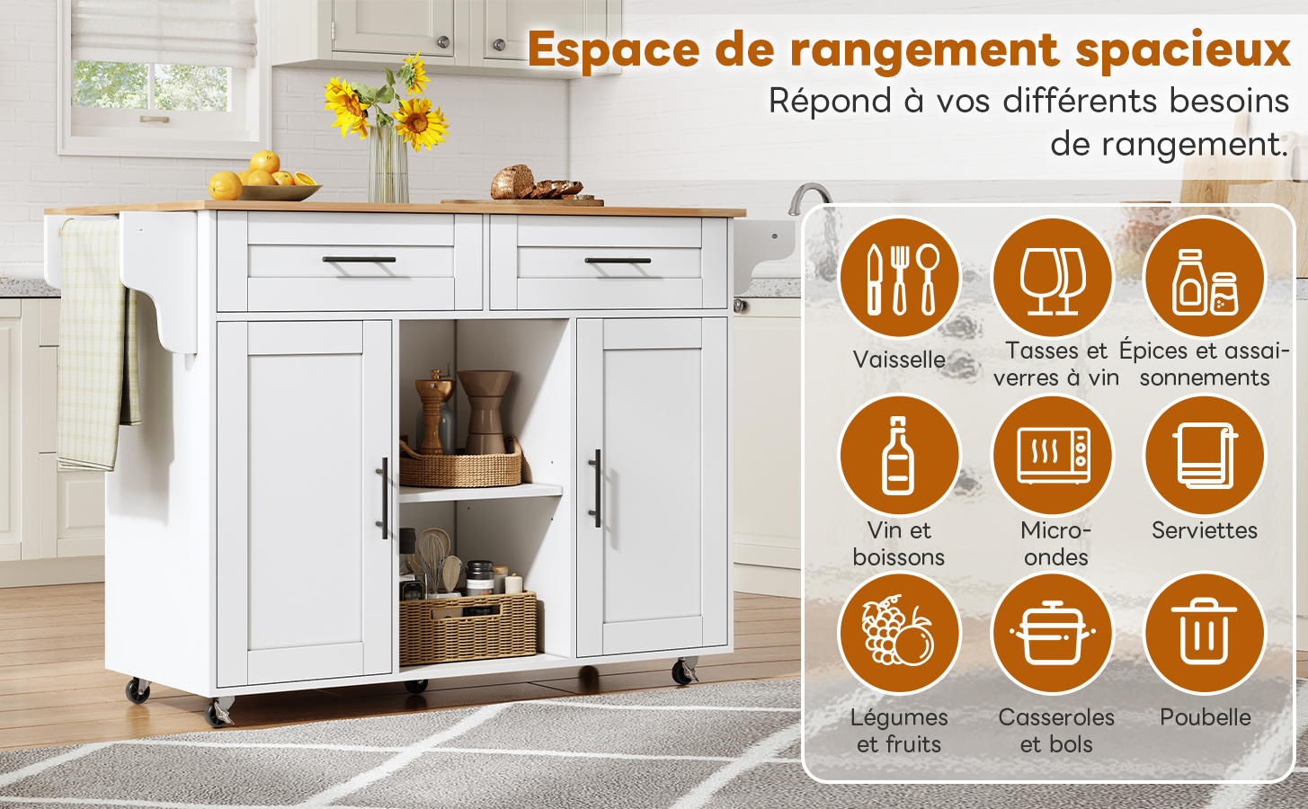 Chariot cuisine avec rangement organisé