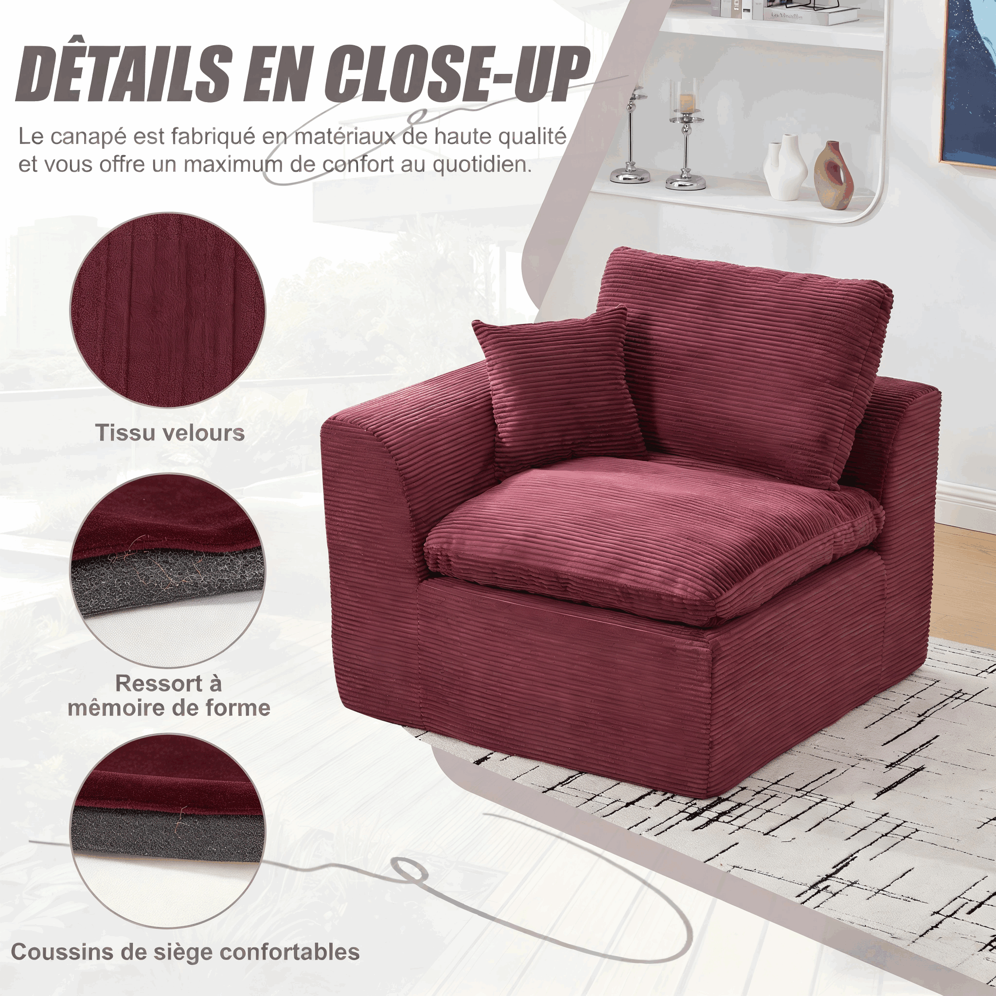 Fauteuil 1 Place Scandinave Tissu Corde Bordeaux - Vue Générale
