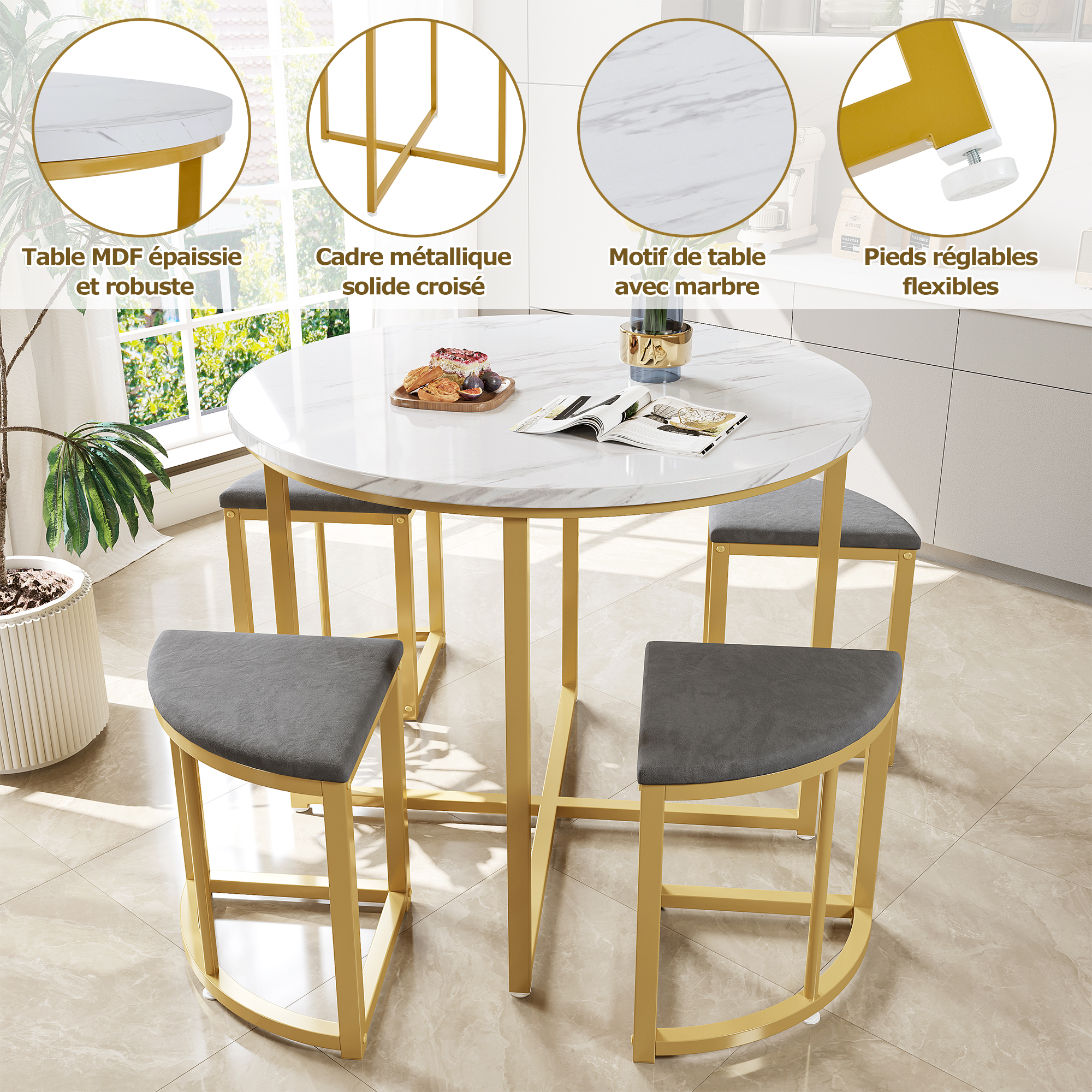 Détail des Chaises Velours & Plateau MDF - Table à Manger Luxe Moderne