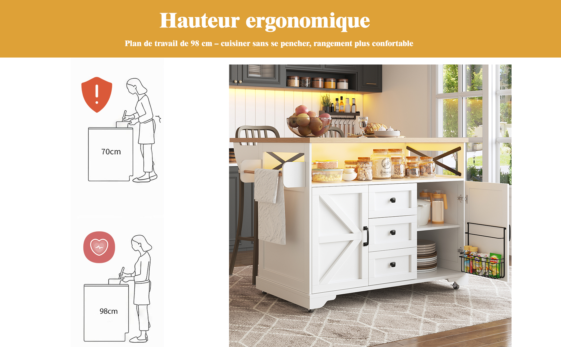 Chariot de cuisine plateau extensible
