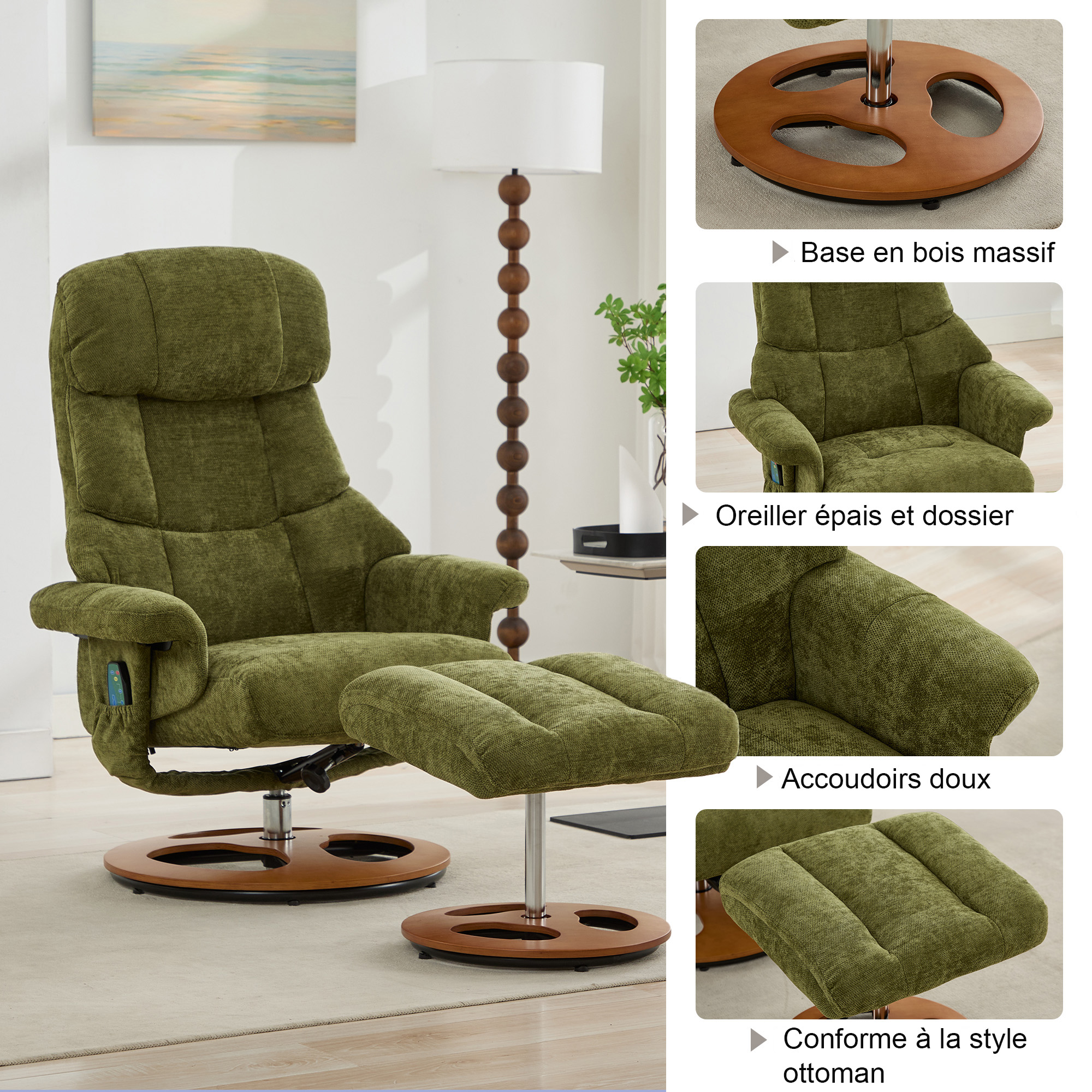 Fauteuil rotation 360° poche latérale télécommande