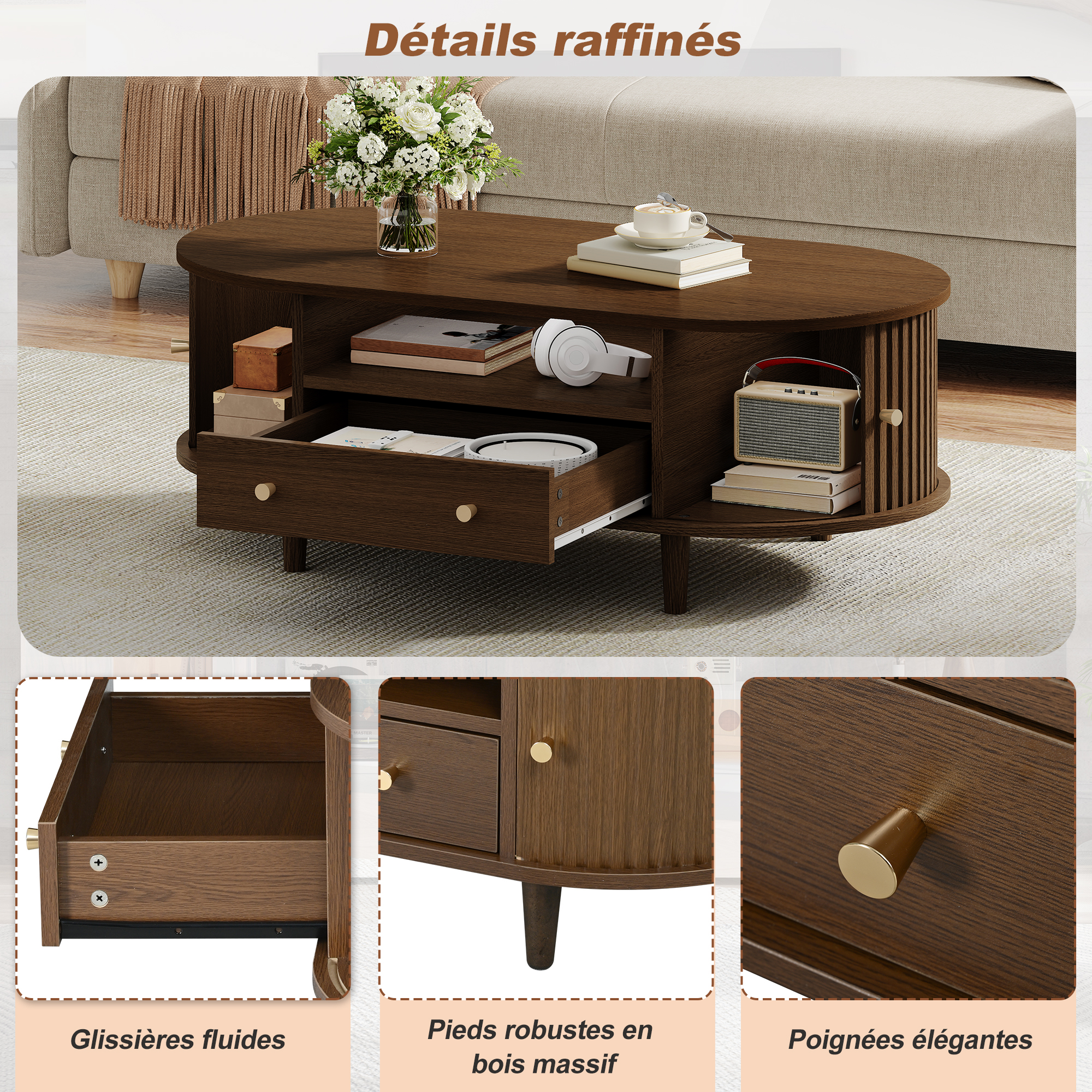 Table basse ovale en noyer design multifonctionnel