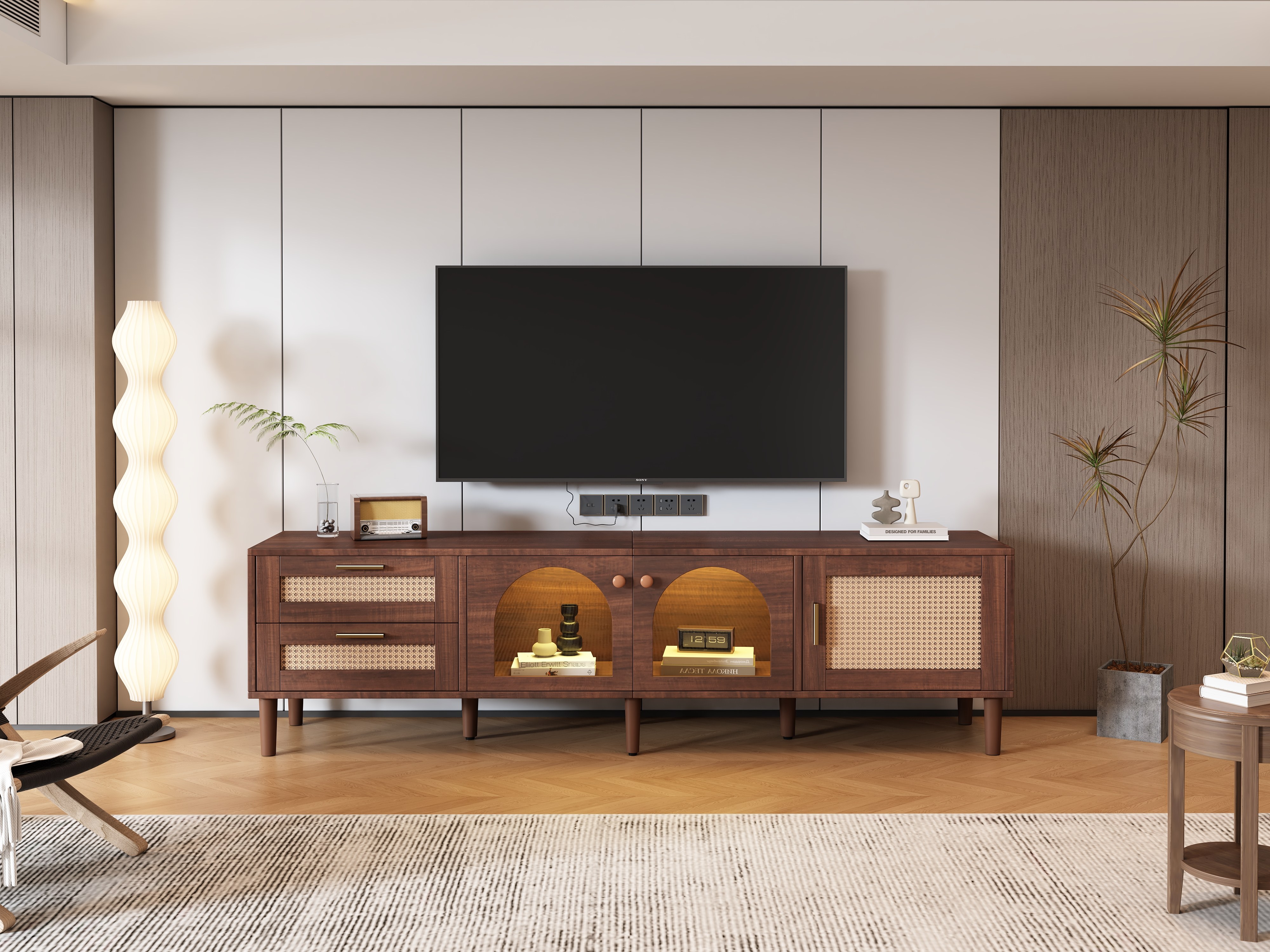 Meuble TV moderne avec éclairage LED et rotin