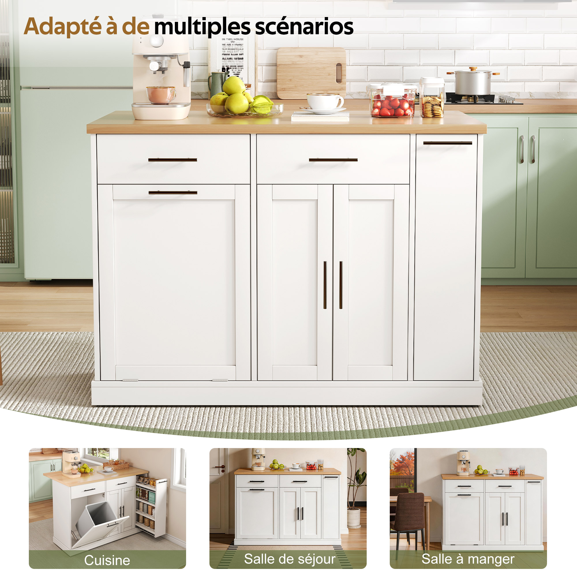 Ile de cuisine moderne sur roulettes avec plateau rabattable