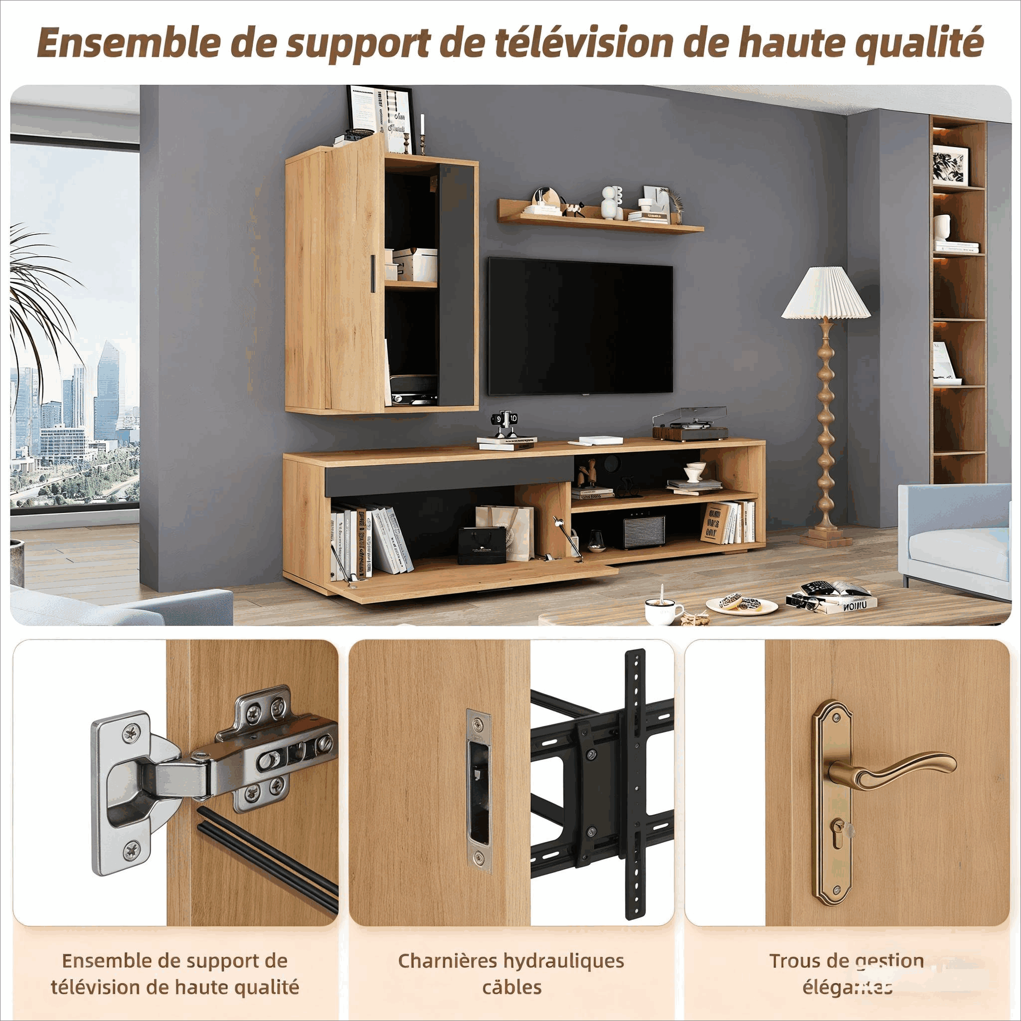 Meuble TV avec Charnières à Fermeture Douce, 40kg de Ténacité