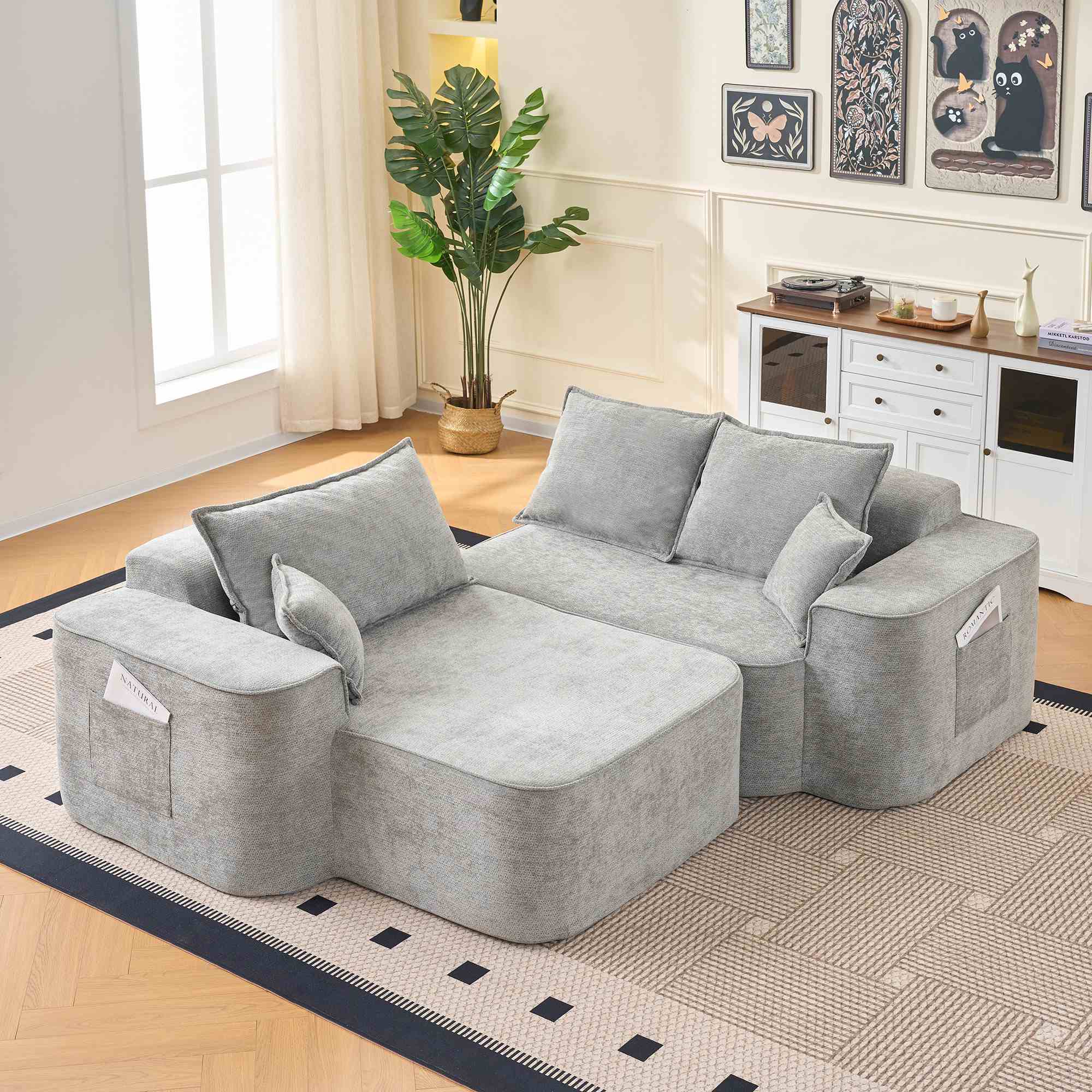Sofa d'angle en L mit Stuhl longue, Grau