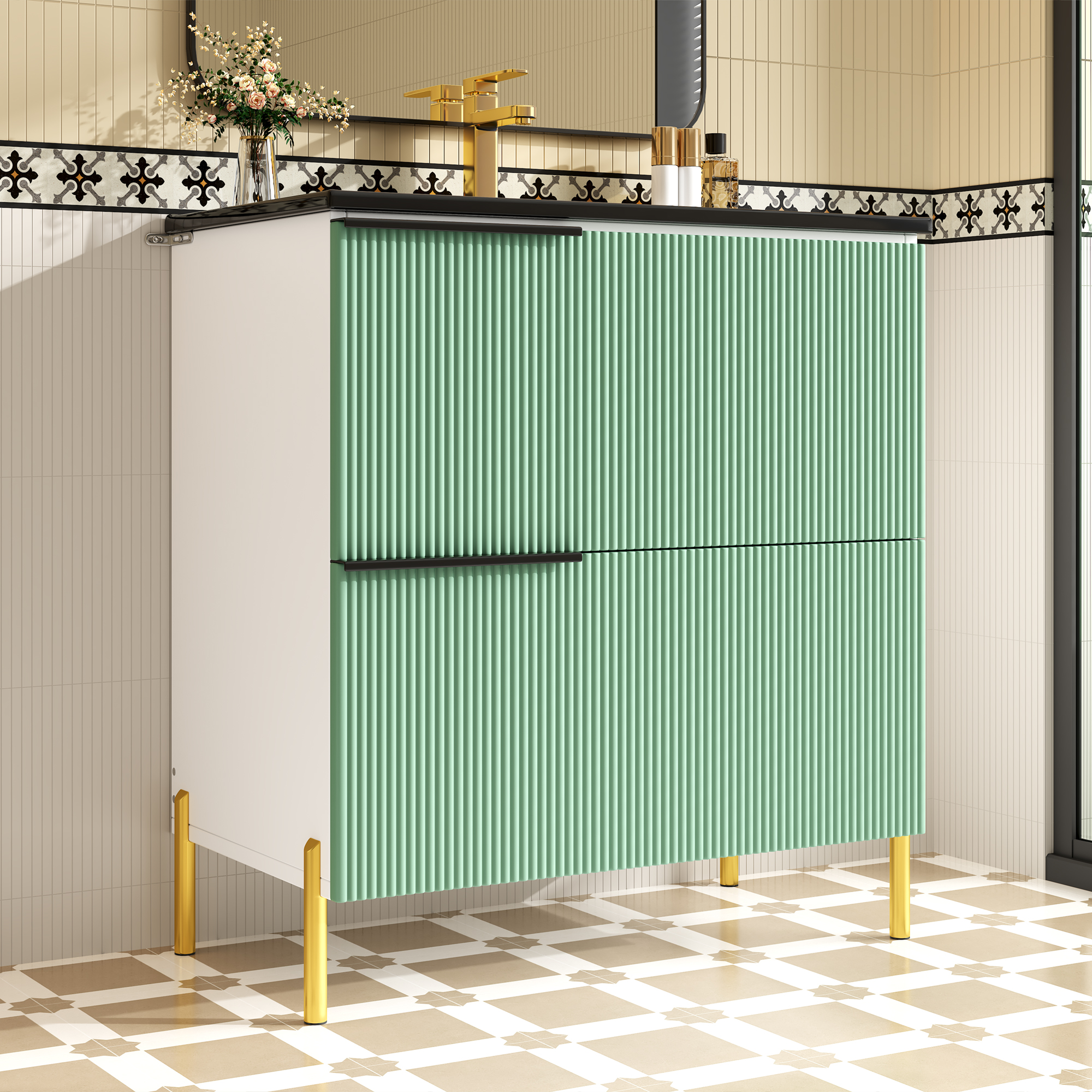 Meuble salle de bain vert design élégant poignées métal