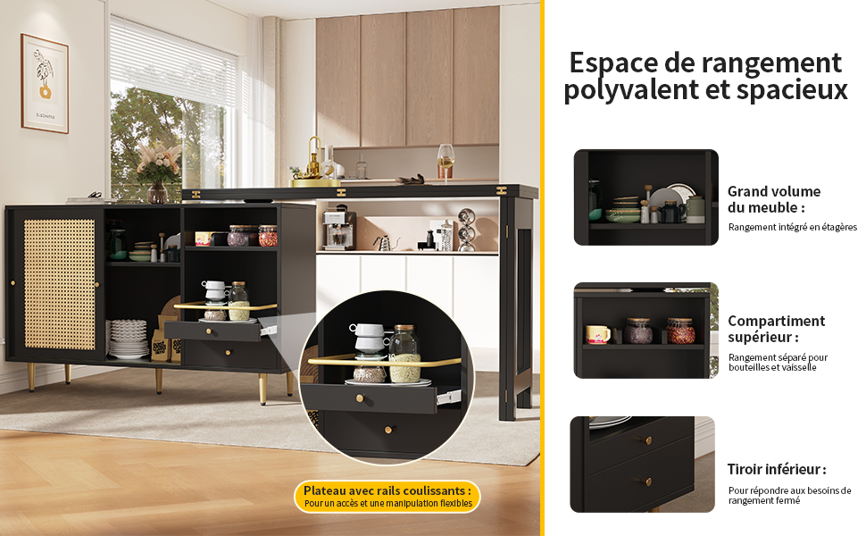 Rangement organisé meuble bar rotin