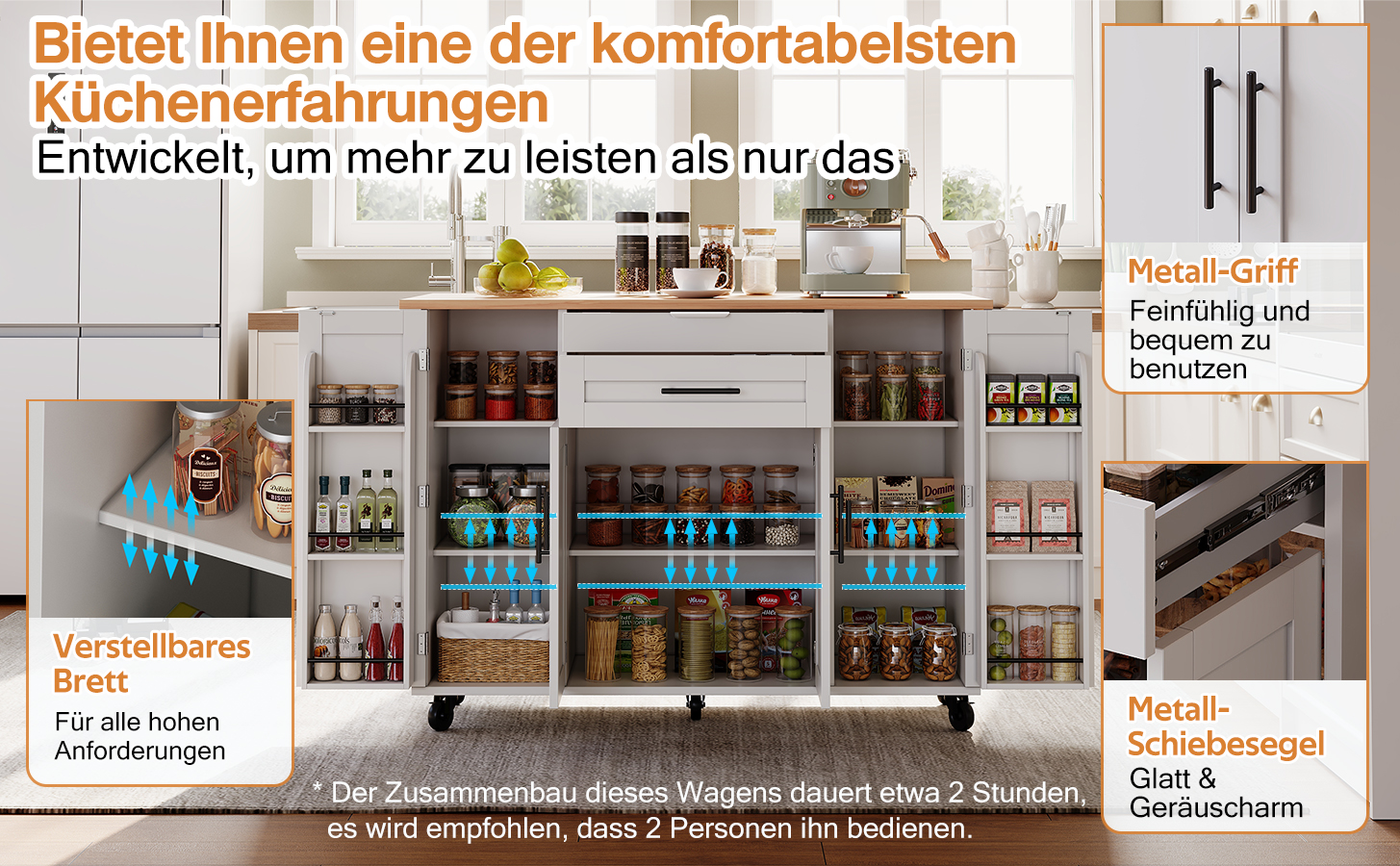 Küchenwagen mit reichlich Stauraum und Schubladen