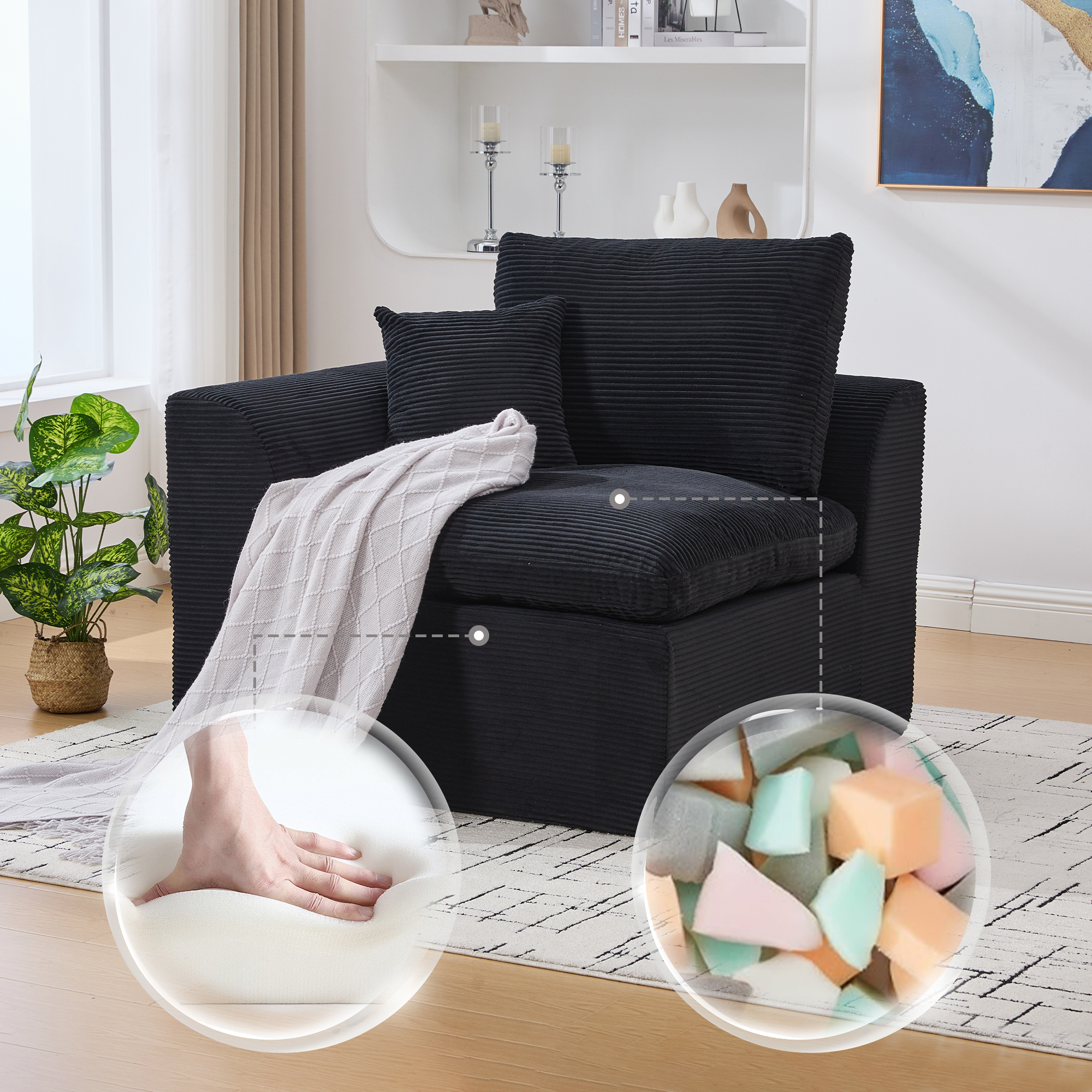 Fauteuil 1 Place Scandinave Tissu Corde Noir - Vue Générale