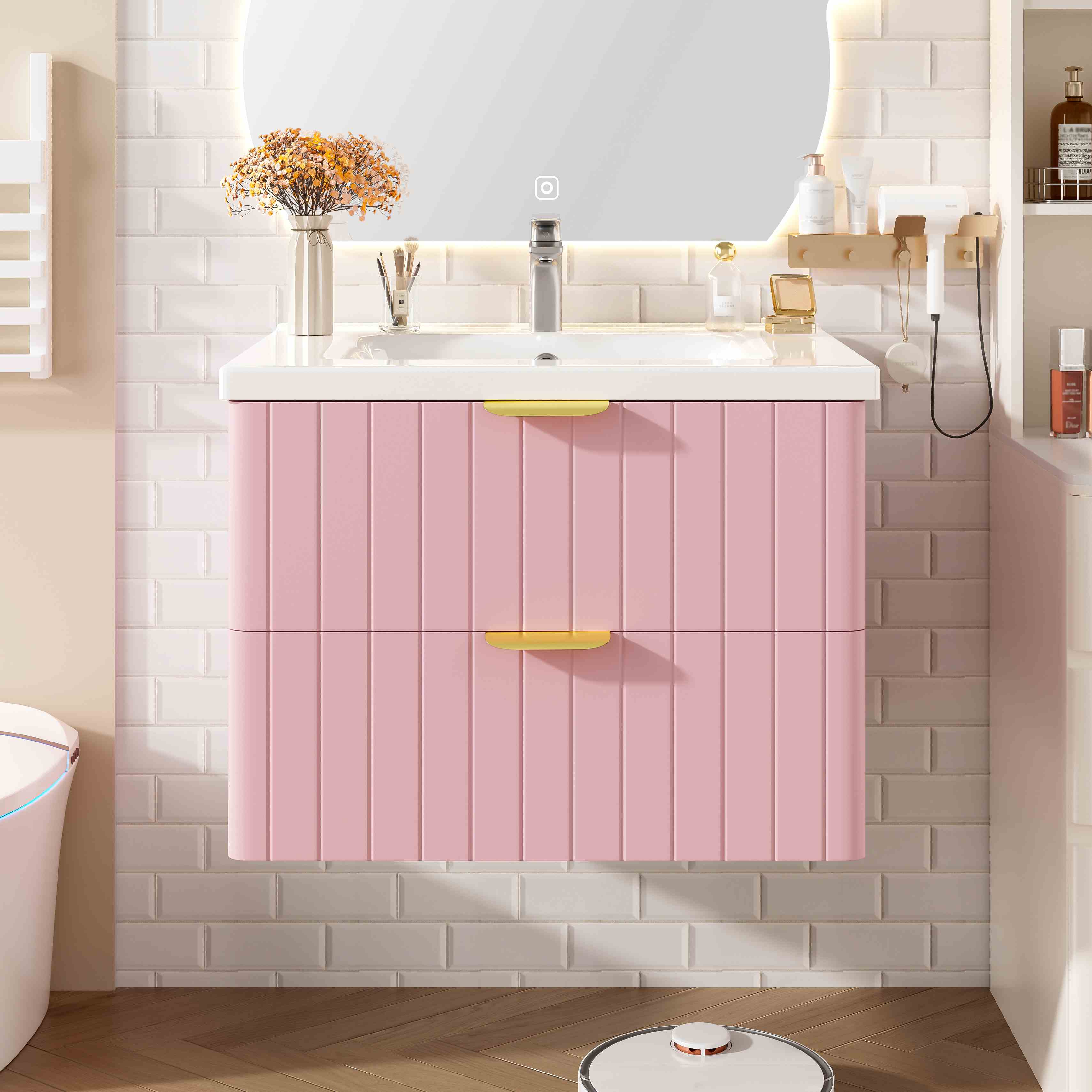 Meuble de salle de bain suspendu rose lavabo céramique