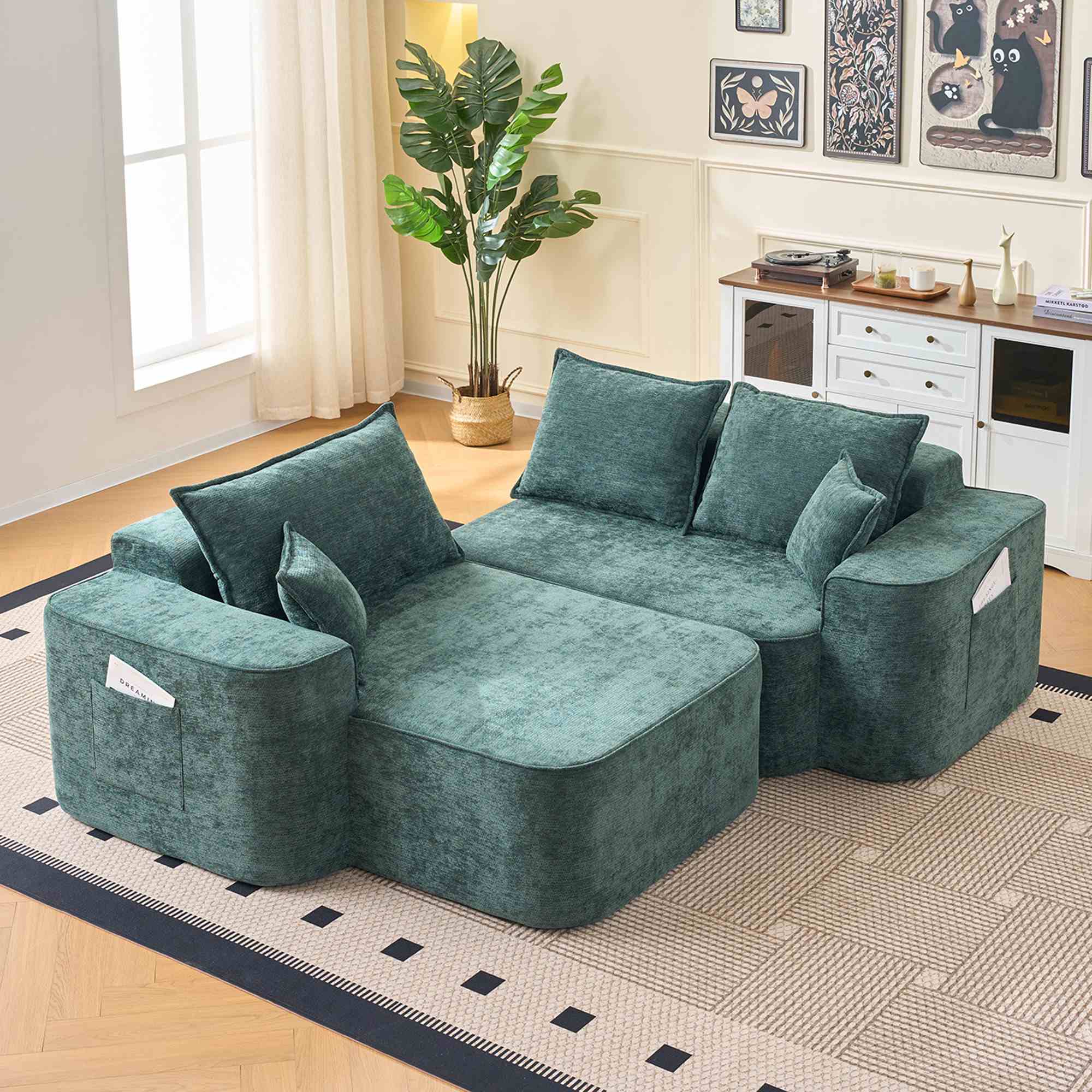 Sofa d'angle en L mit Stuhl longue, Grün