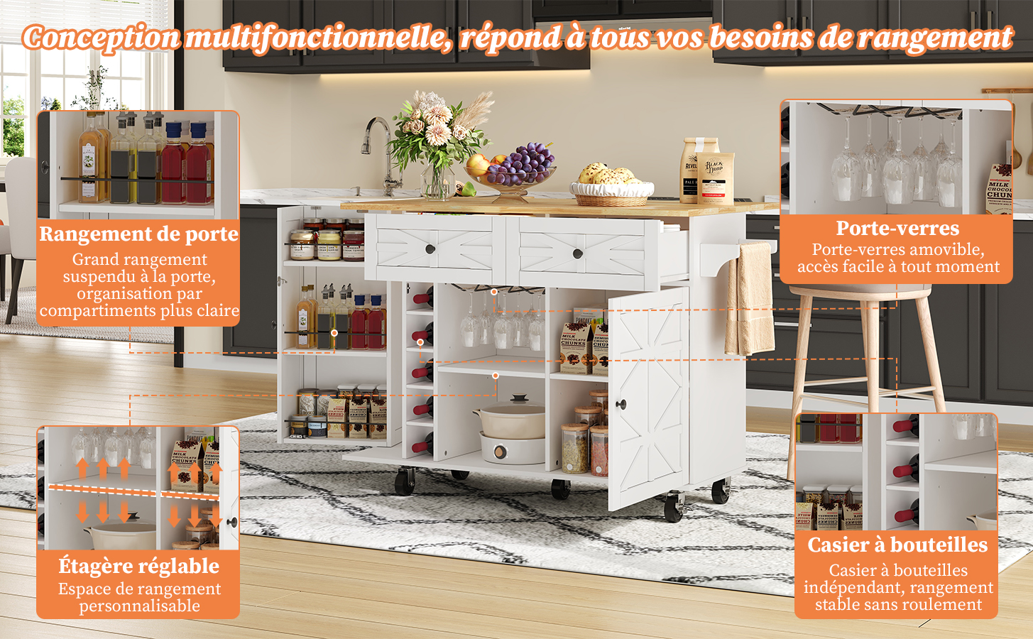 Chariot de cuisine avec espace de rangement polyvalent