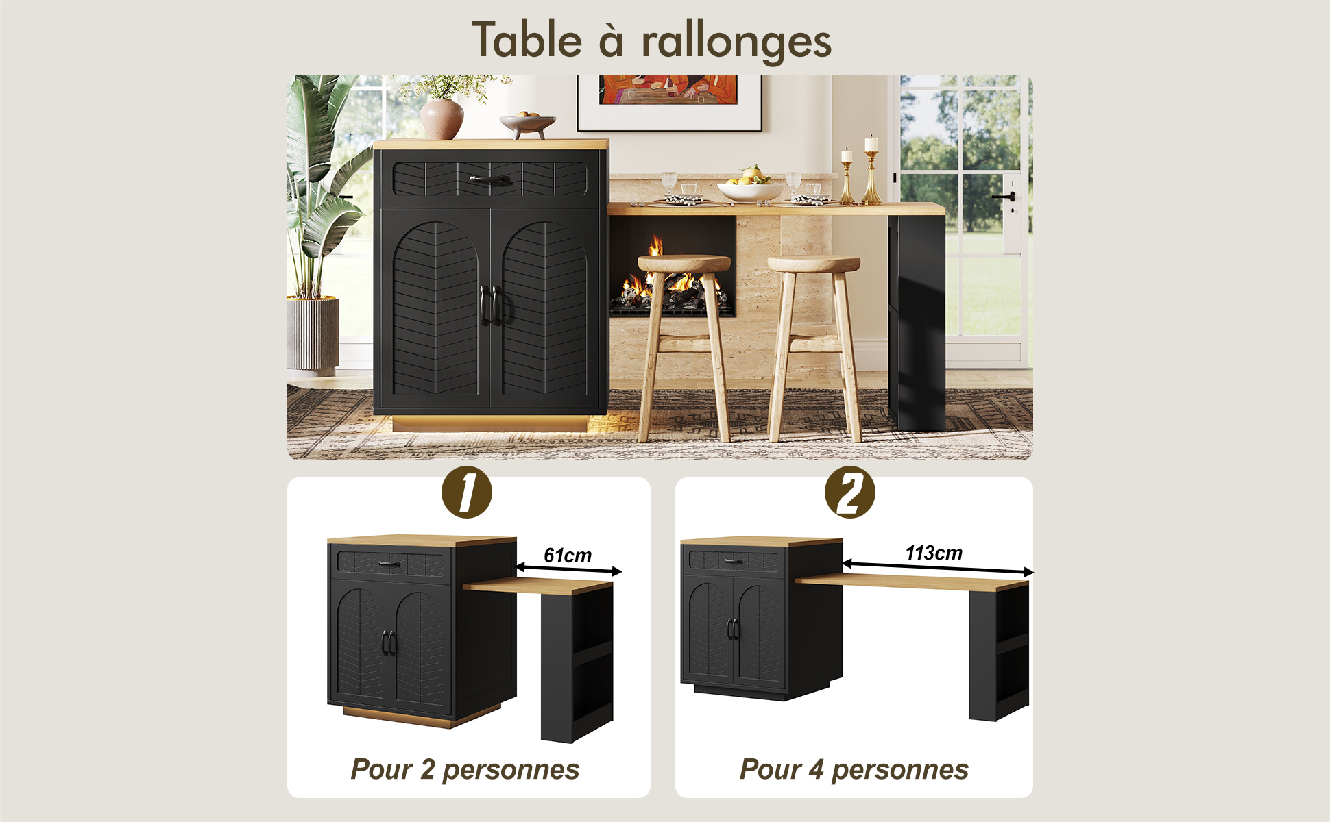 Îlot de cuisine grand volume de rangement 2 tiroirs porte-bouteilles