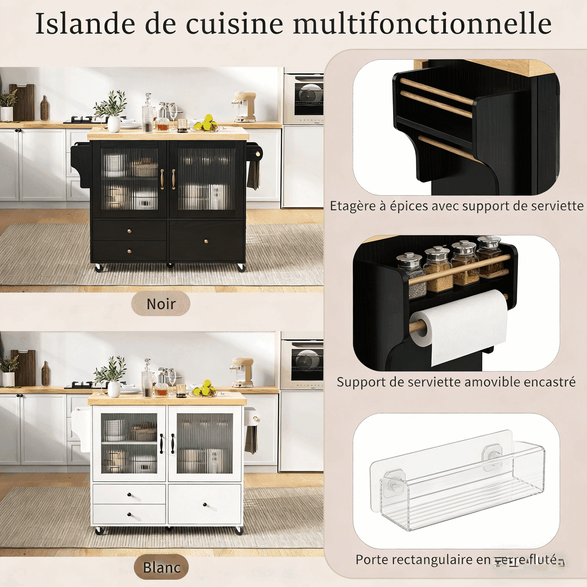 Îlot de Cuisine Roulettes Noir