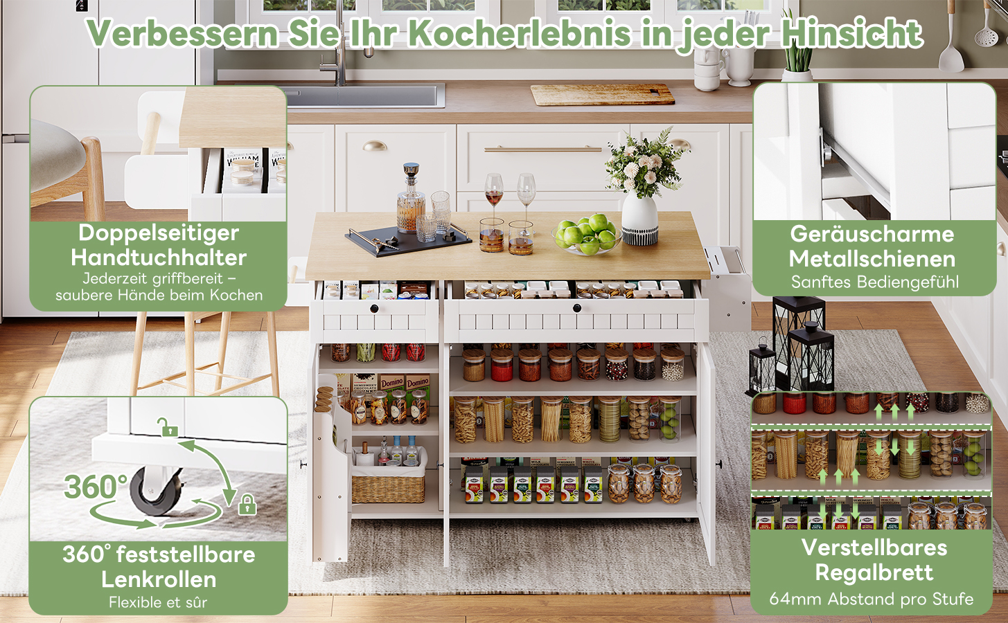 Innenraum mit verstellbaren Regalen für Küchenutensilien