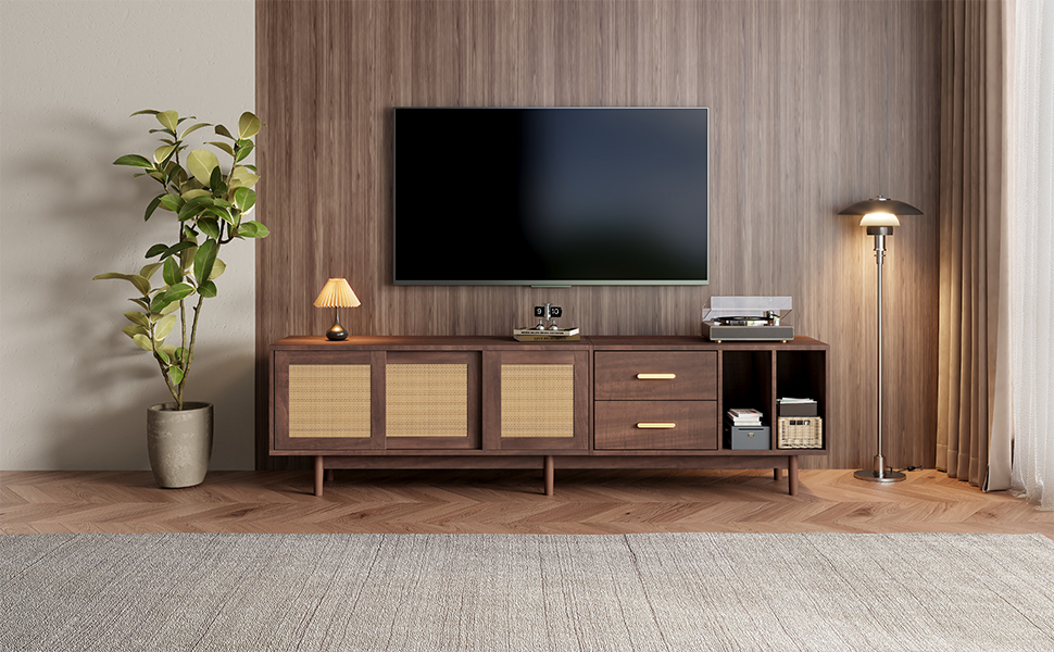 Meuble TV marron design rotin 190cm grand rangement