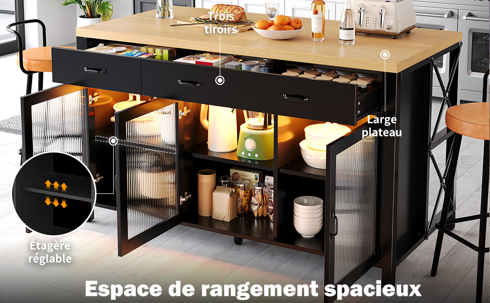 Meuble avec portes en verre texturé et étagères ajustables