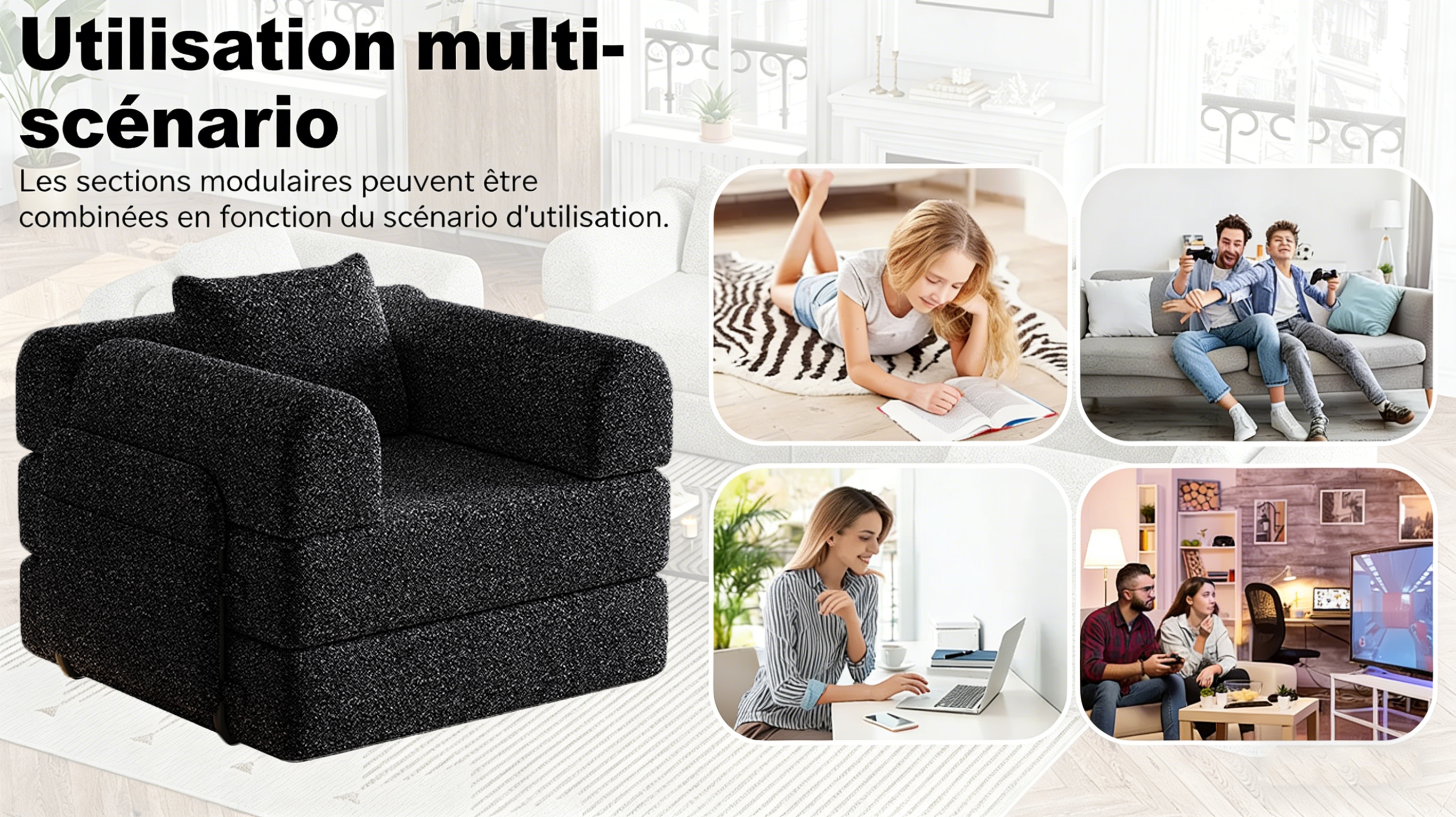 Canapé antidérapant configuration modulable espace personnalisé