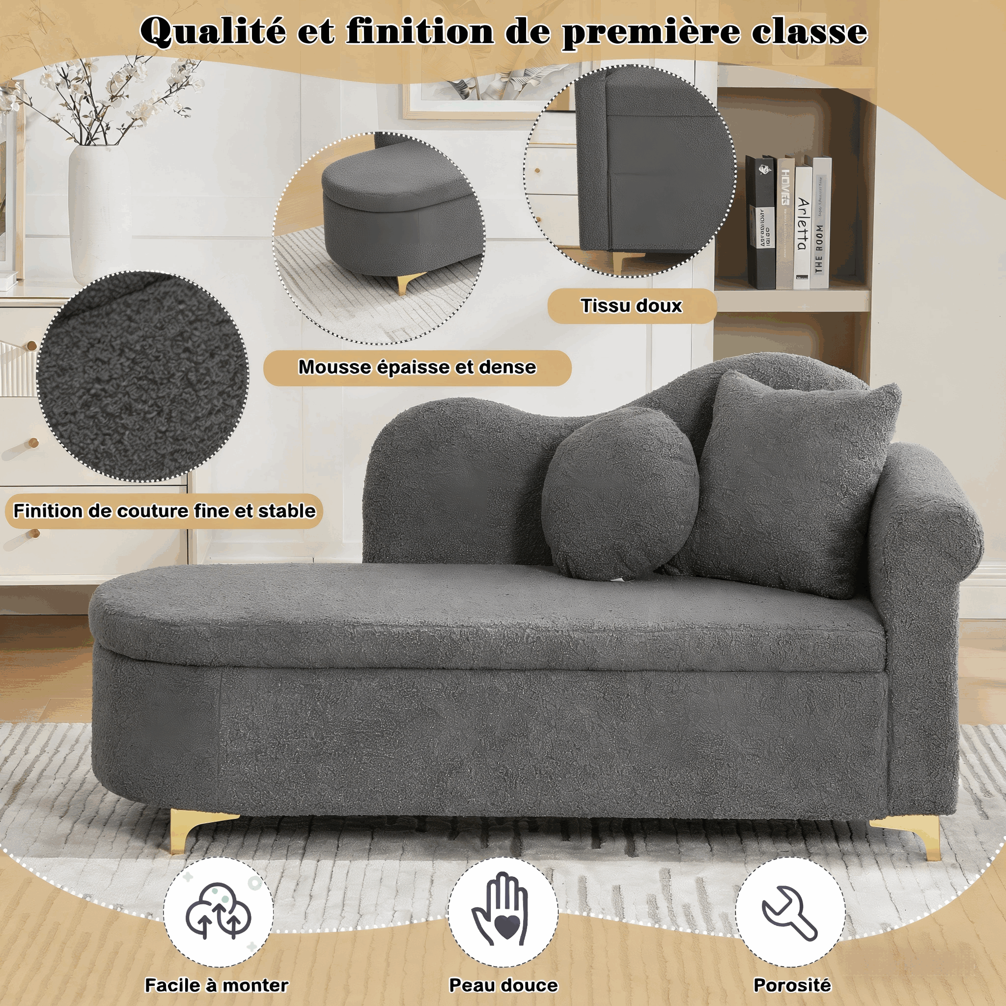 Espace de rangement chaise longue gris