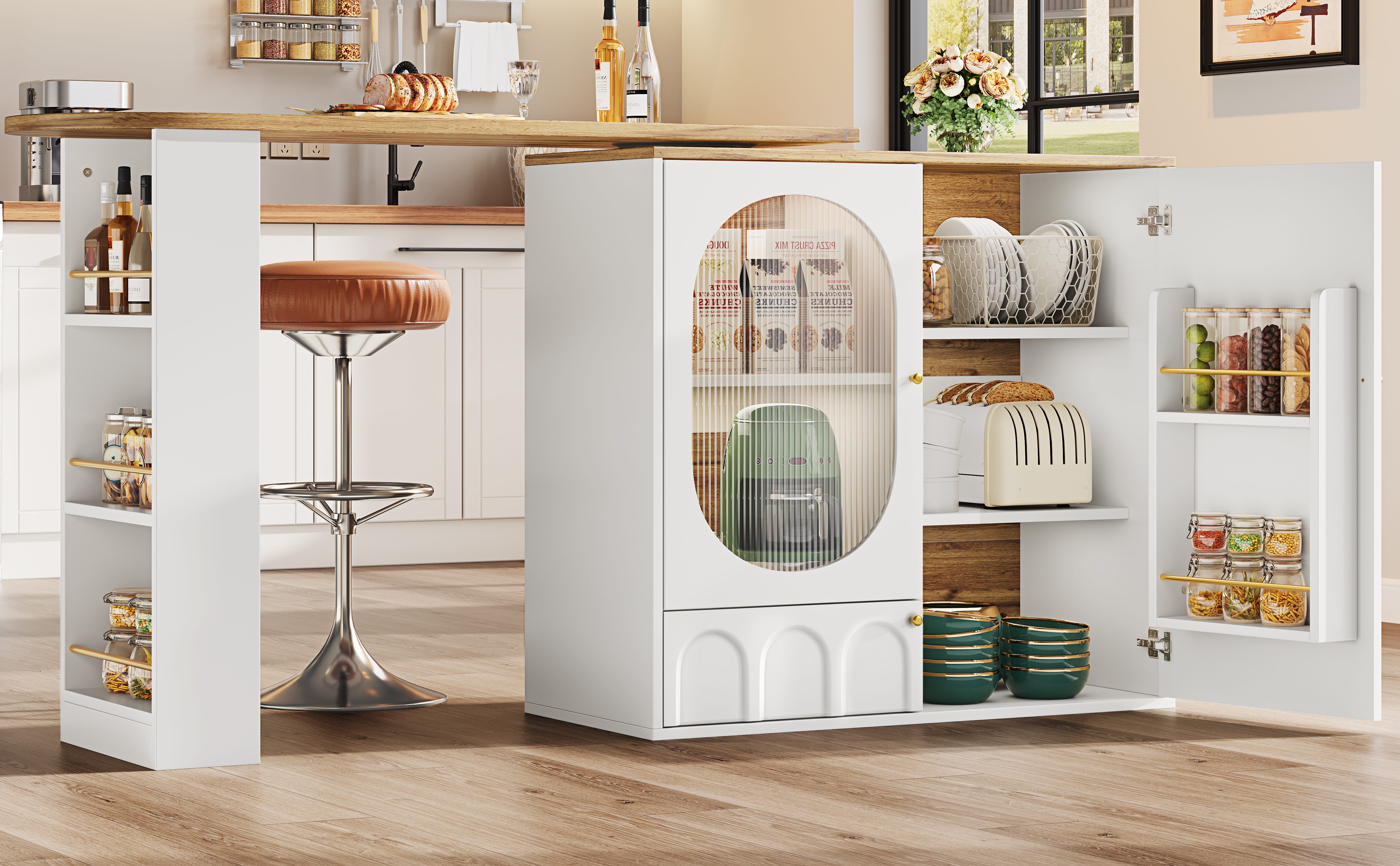 Table îlot cuisine design rotatif avec grand espace de rangement