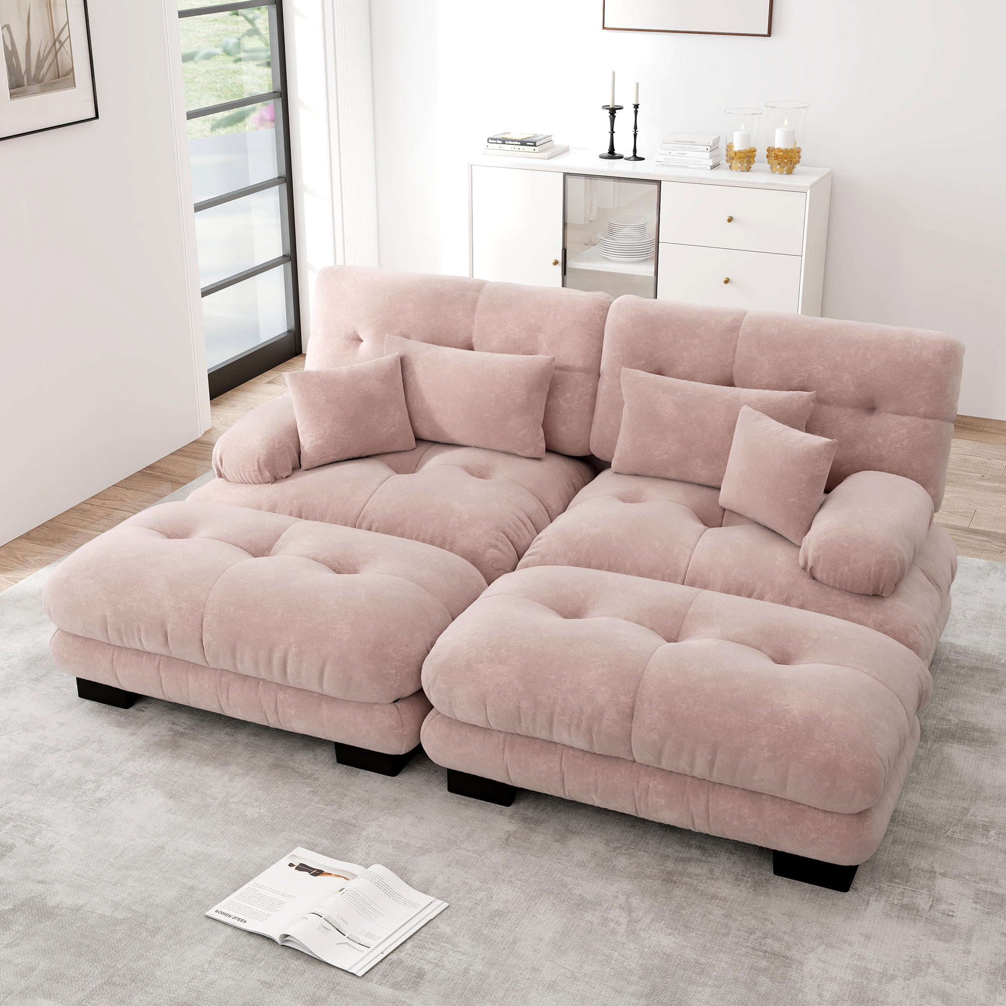Canapé modulaire rose coussins nuage confort maximal