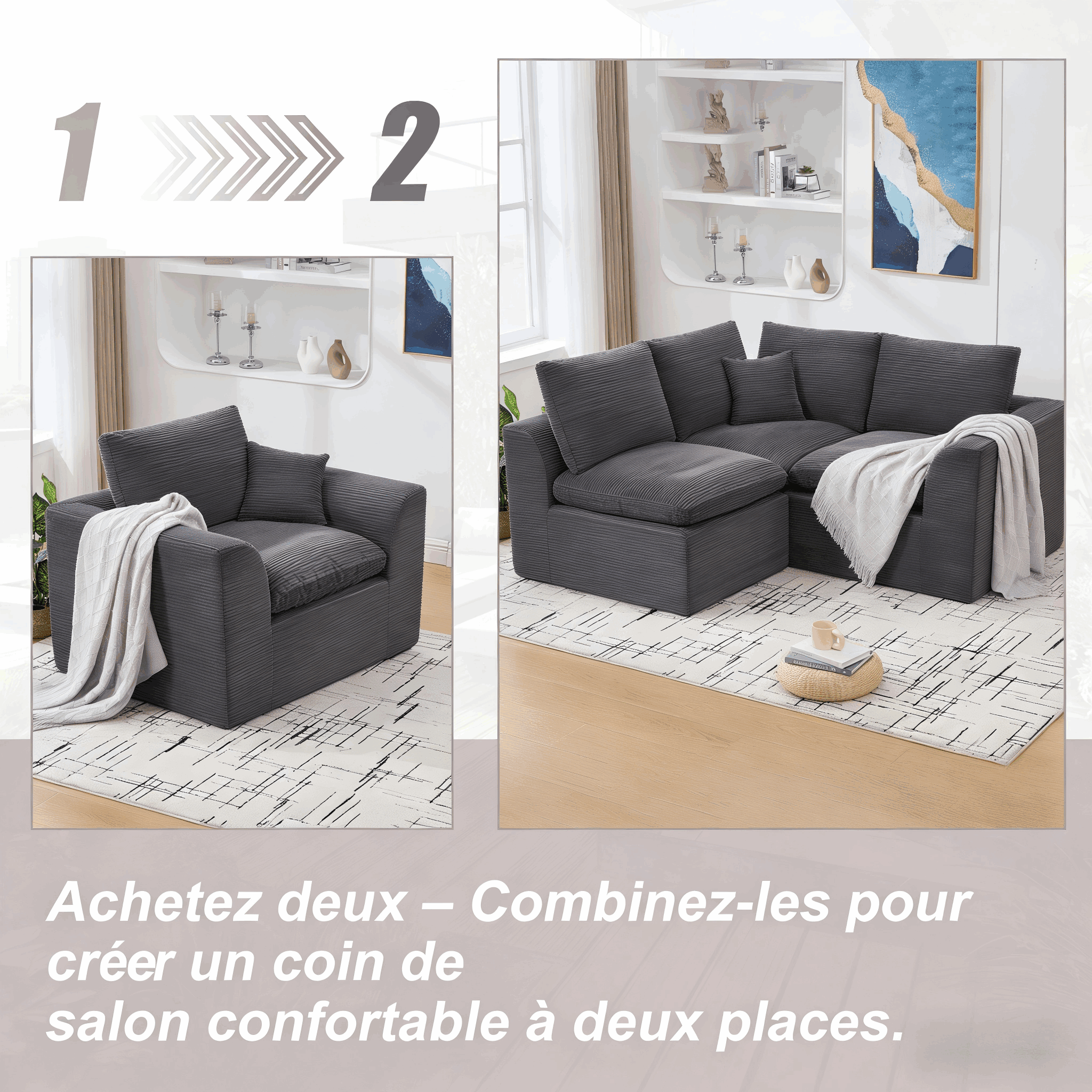 Confort Fauteuil Gris foncé Mousse Haute Élasticité + Ressorts