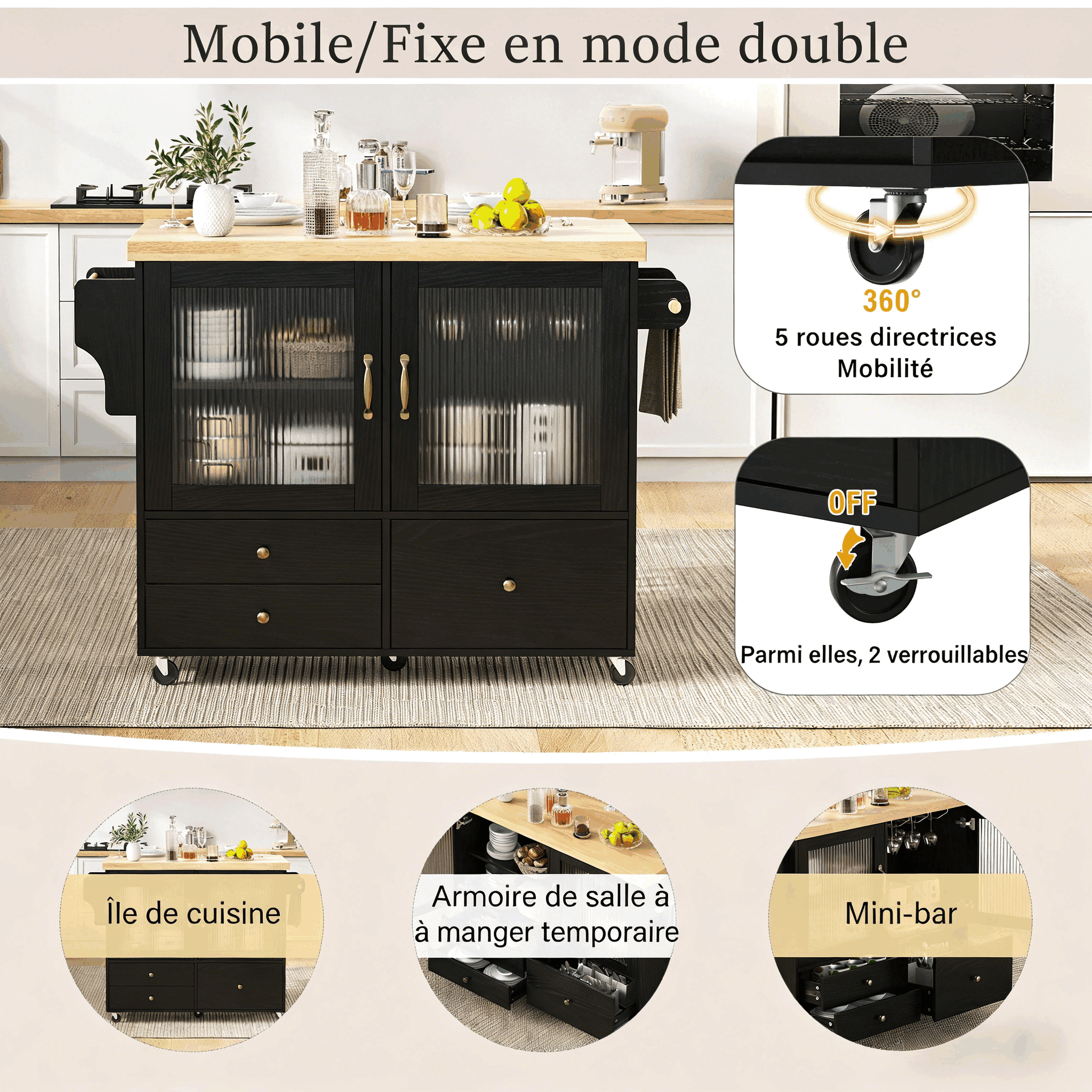 Îlot de Cuisine Design Scandinave Noir