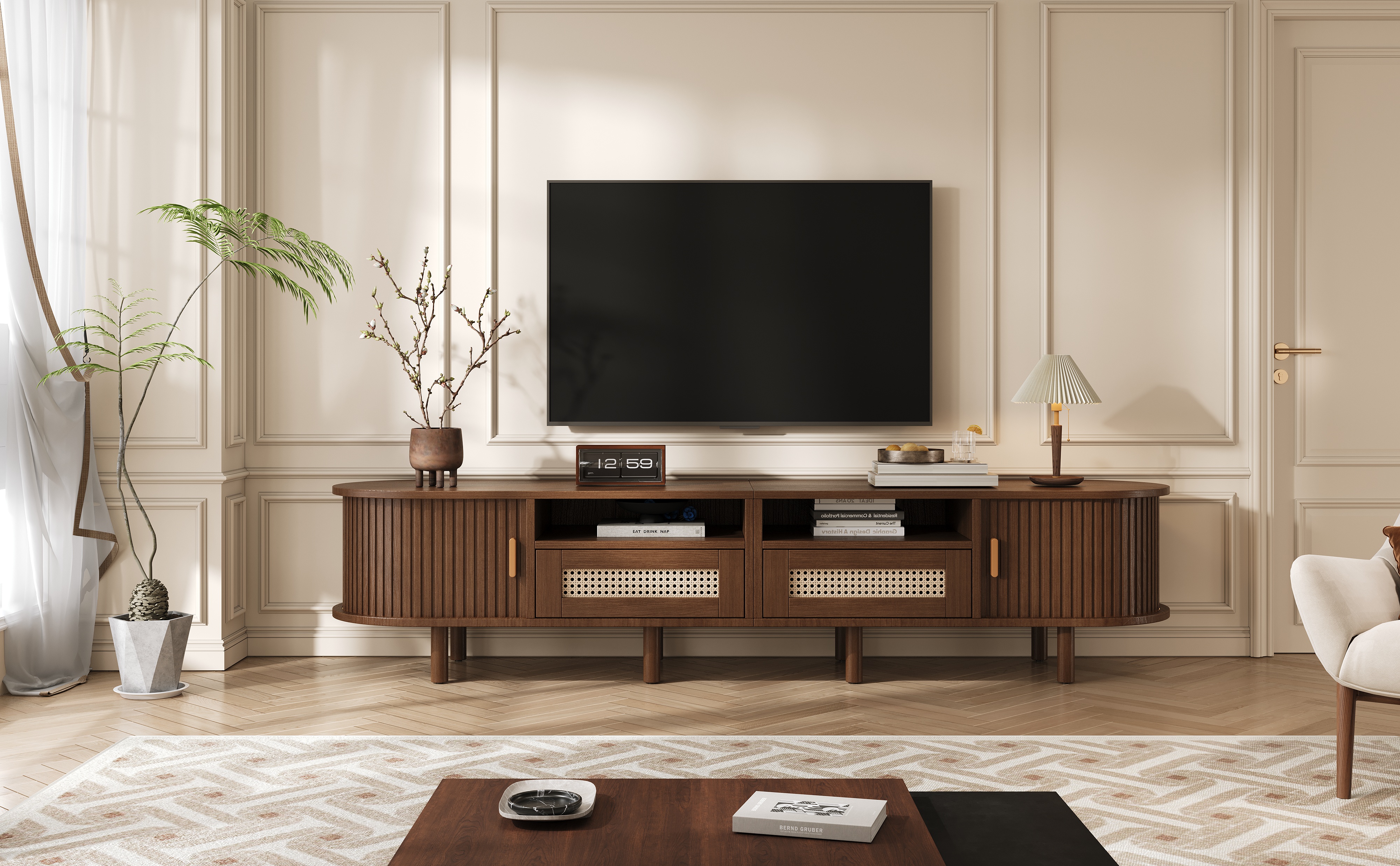 Meuble TV design ovale rotin vintage