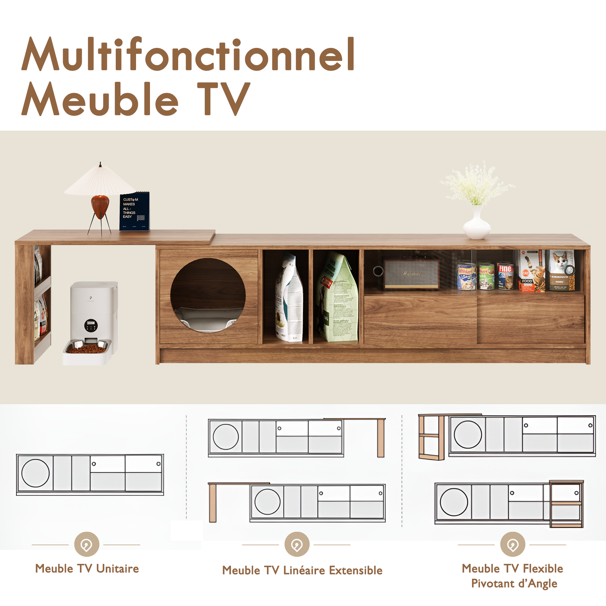 Meuble TV Rotatif Extensible Adapté aux Chats, Noyer