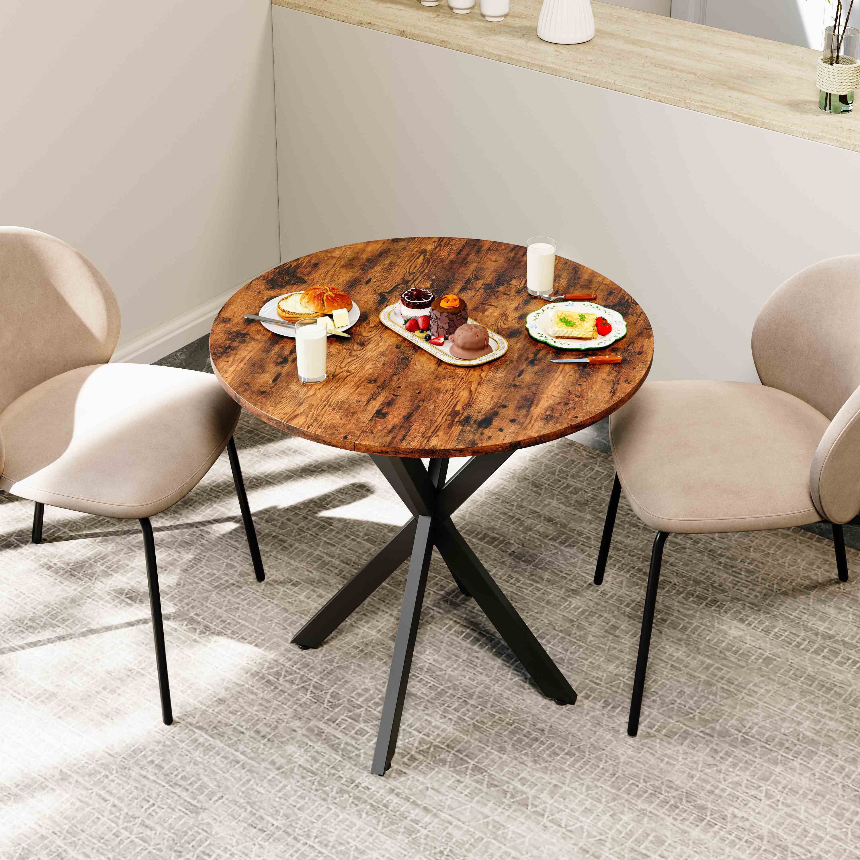 Table ronde industrielle 80cm design vintage marron