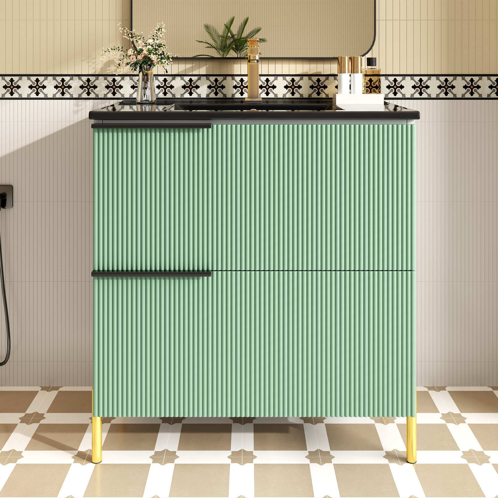 Meuble de salle de bain sur pied vert lavabo céramique