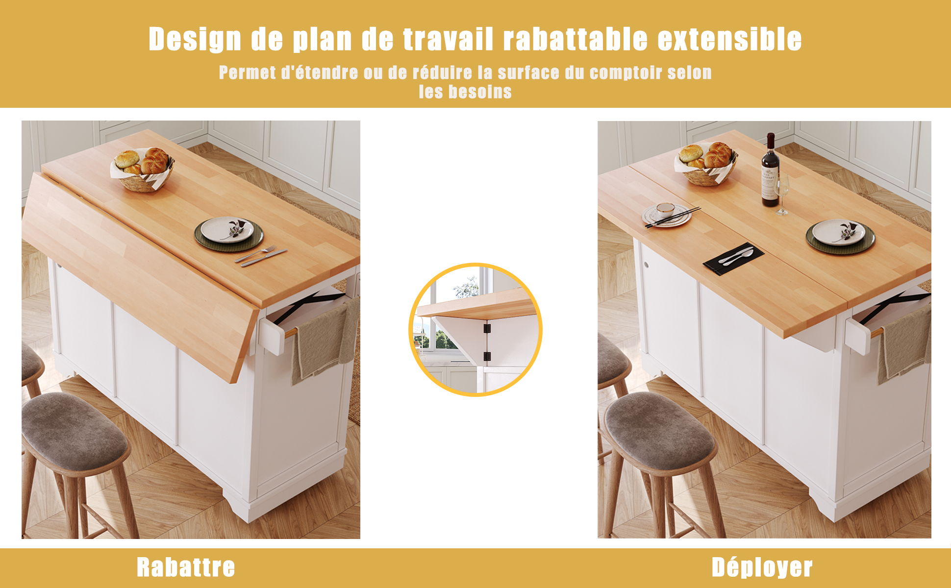 Chariot de cuisine plateau extensible et rabattable