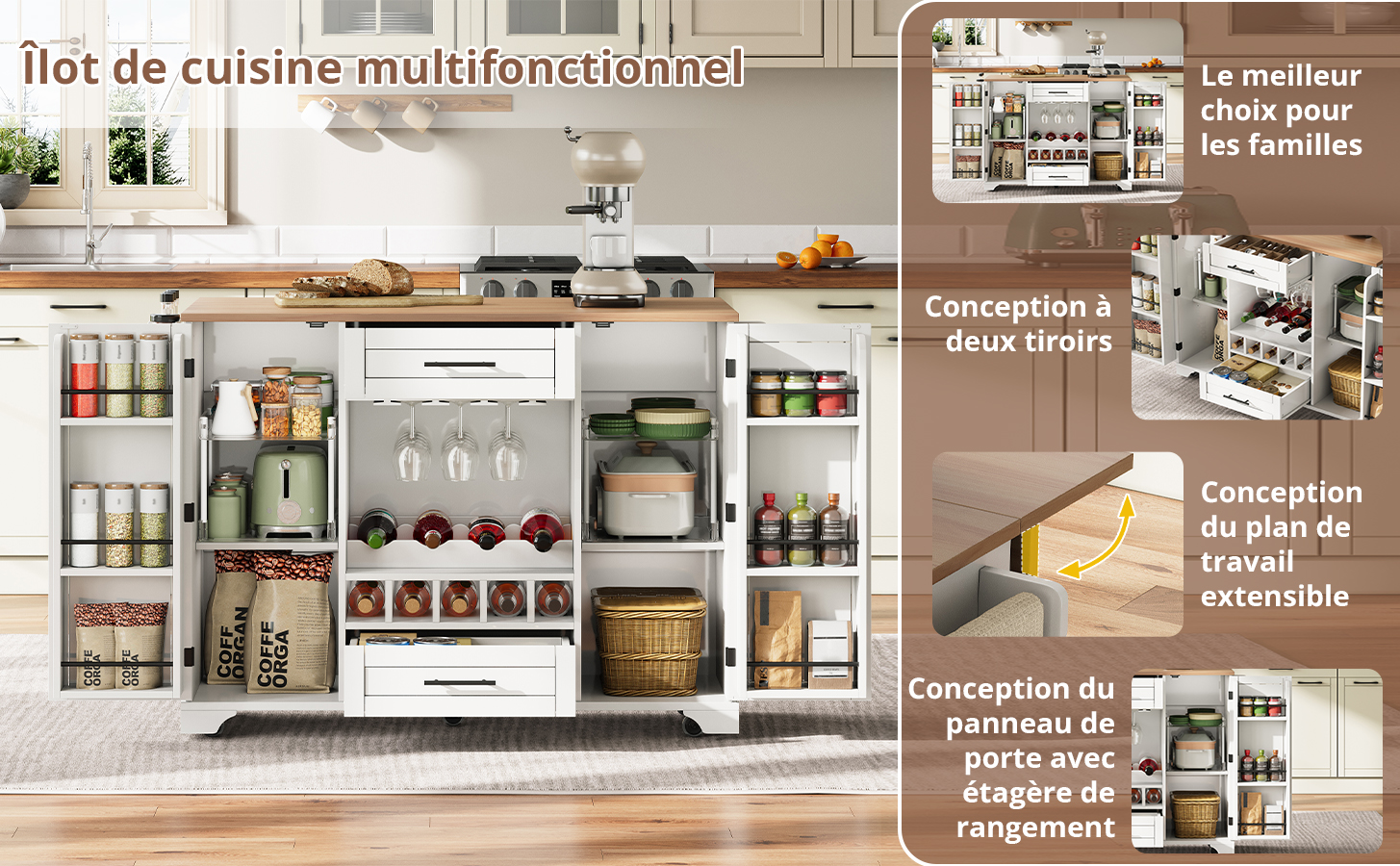 Chariot de cuisine plateau extensible
