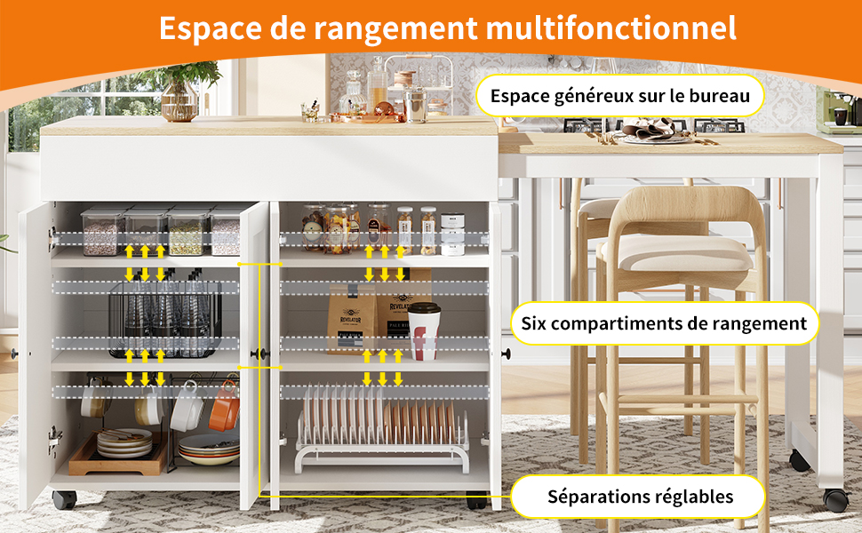 Table îlot cuisine glissières solides et roulettes