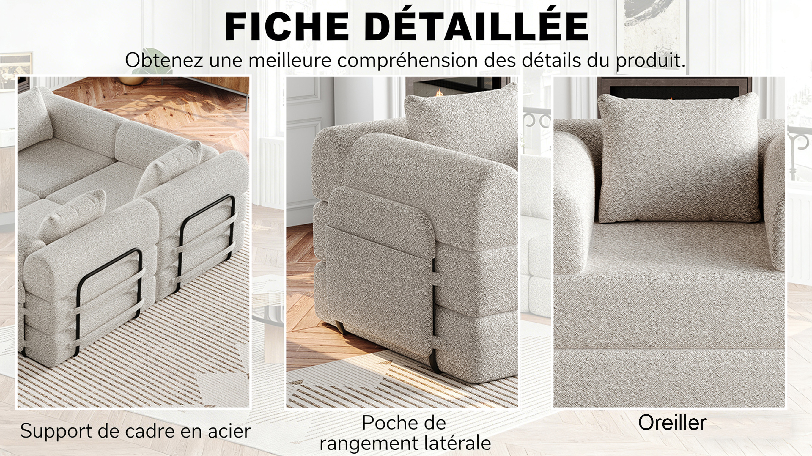 Canapé cadre en acier 3 supports stabilité structurelle