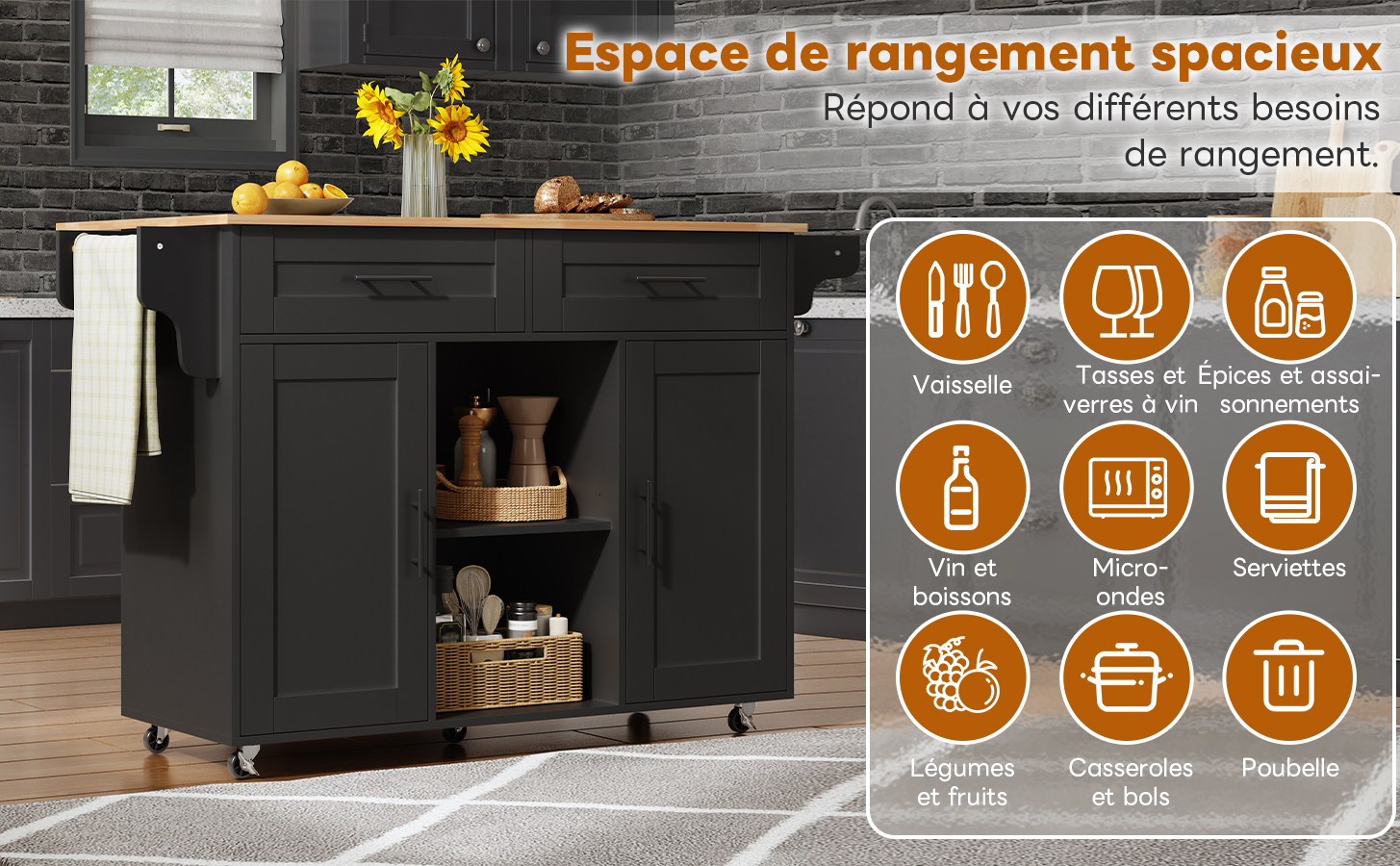 Chariot cuisine avec rangement organisé