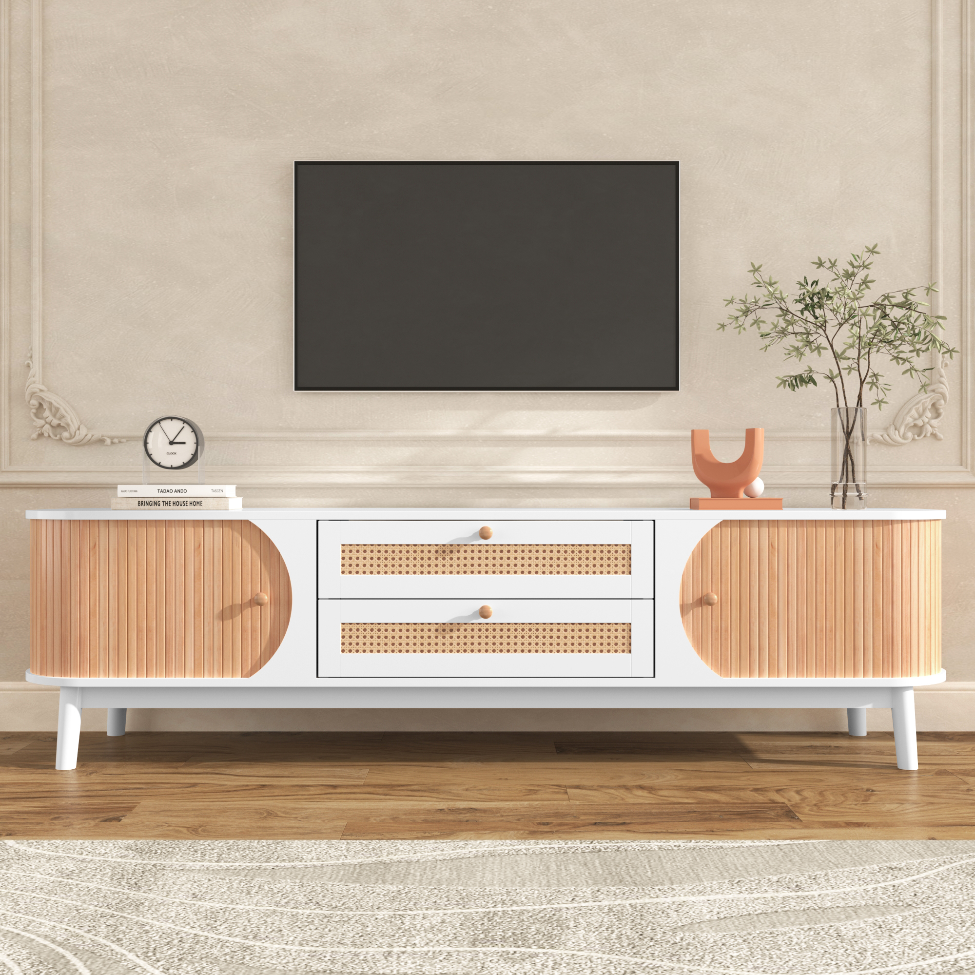Meuble TV Rotin & Bois Massif Blanc avec Portes et Tiroirs