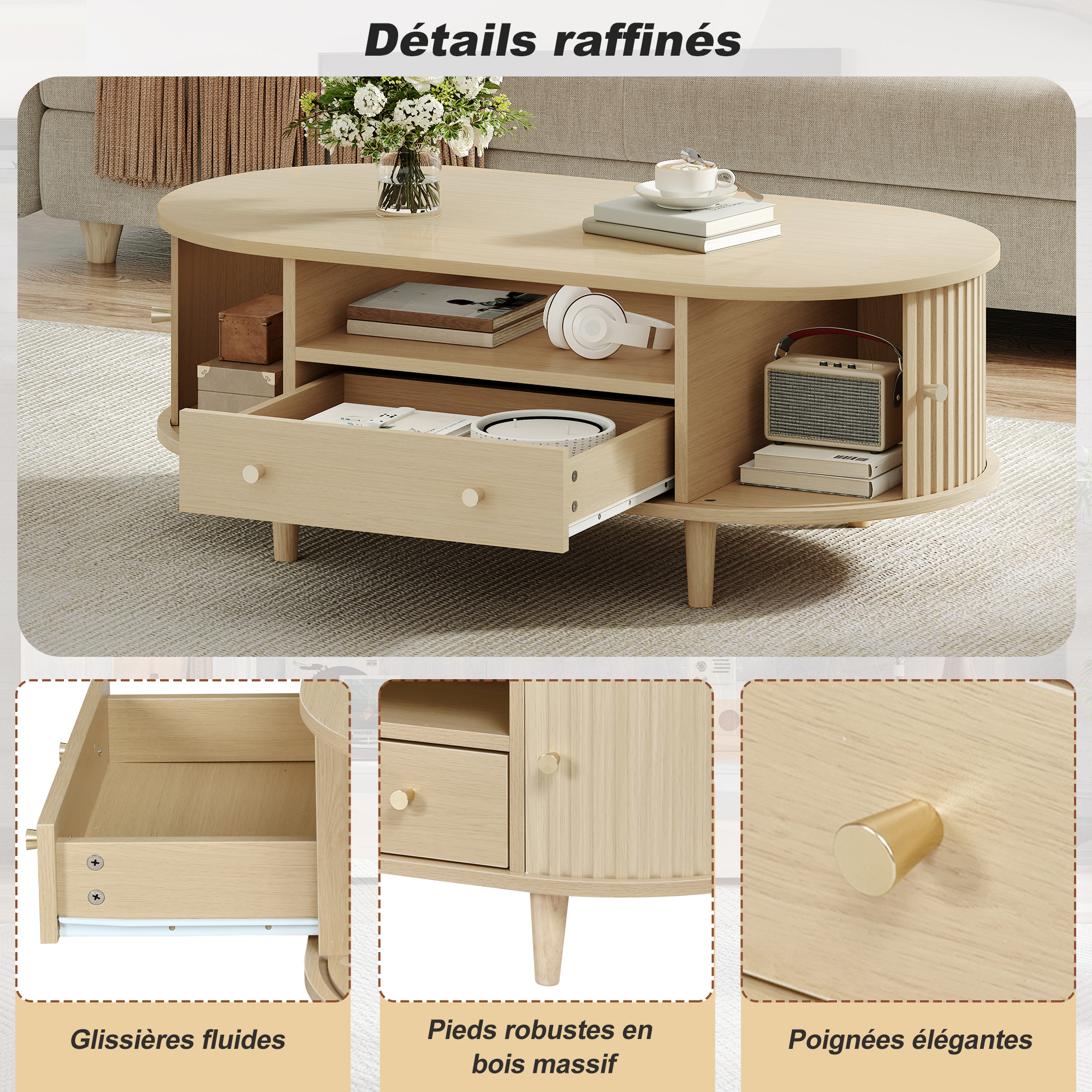 Table basse ovale en chêne 50kg capacité de charge