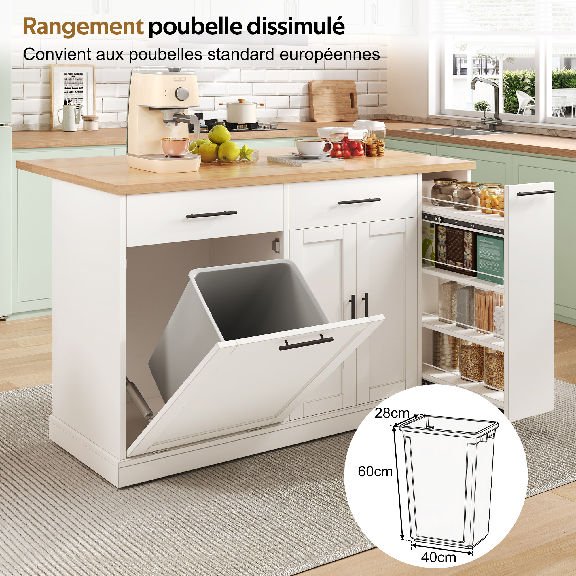 Chariot de cuisine fonctionnel avec rangement et poubelle cachée